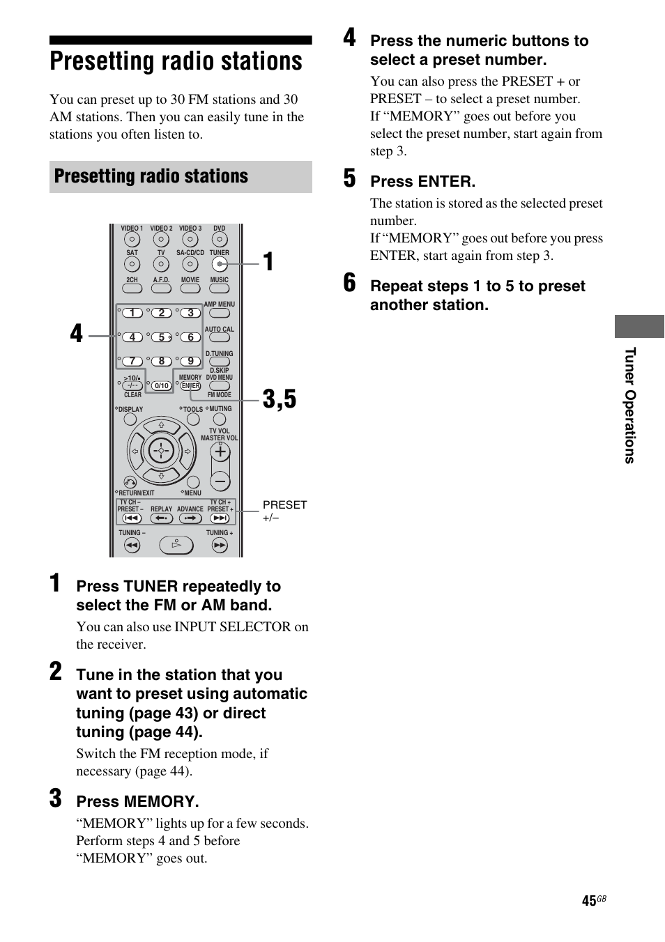 Presetting radio stations, Press tuner repeatedly to select the fm or am band, Press enter | Repeat steps 1 t o 5 t o preset another station | Sony HT-SF1100 User Manual | Page 45 / 60