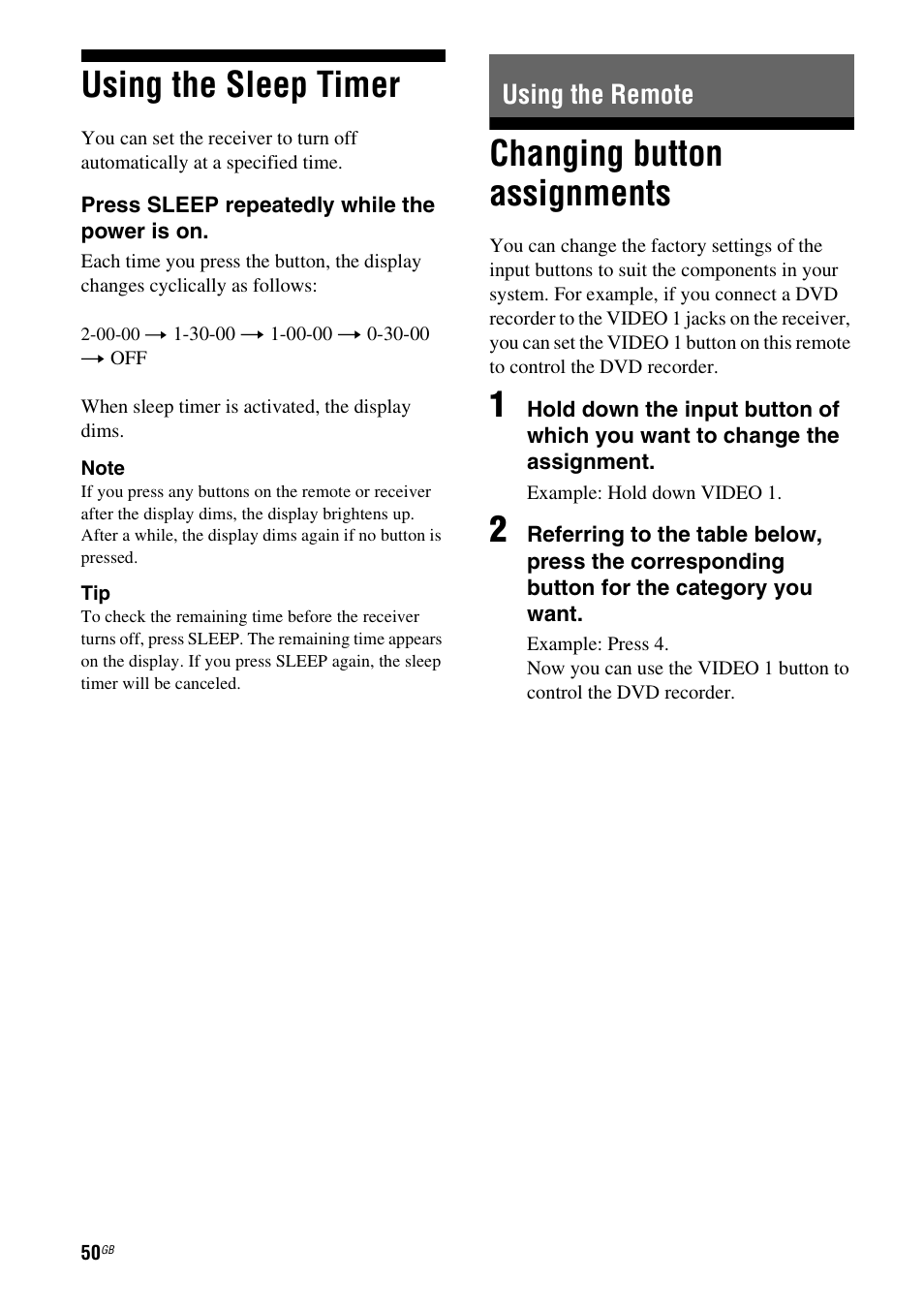 Using the sleep timer, Using the remote, Changing button assignments | Sony HT-SF1100 User Manual | Page 50 / 60