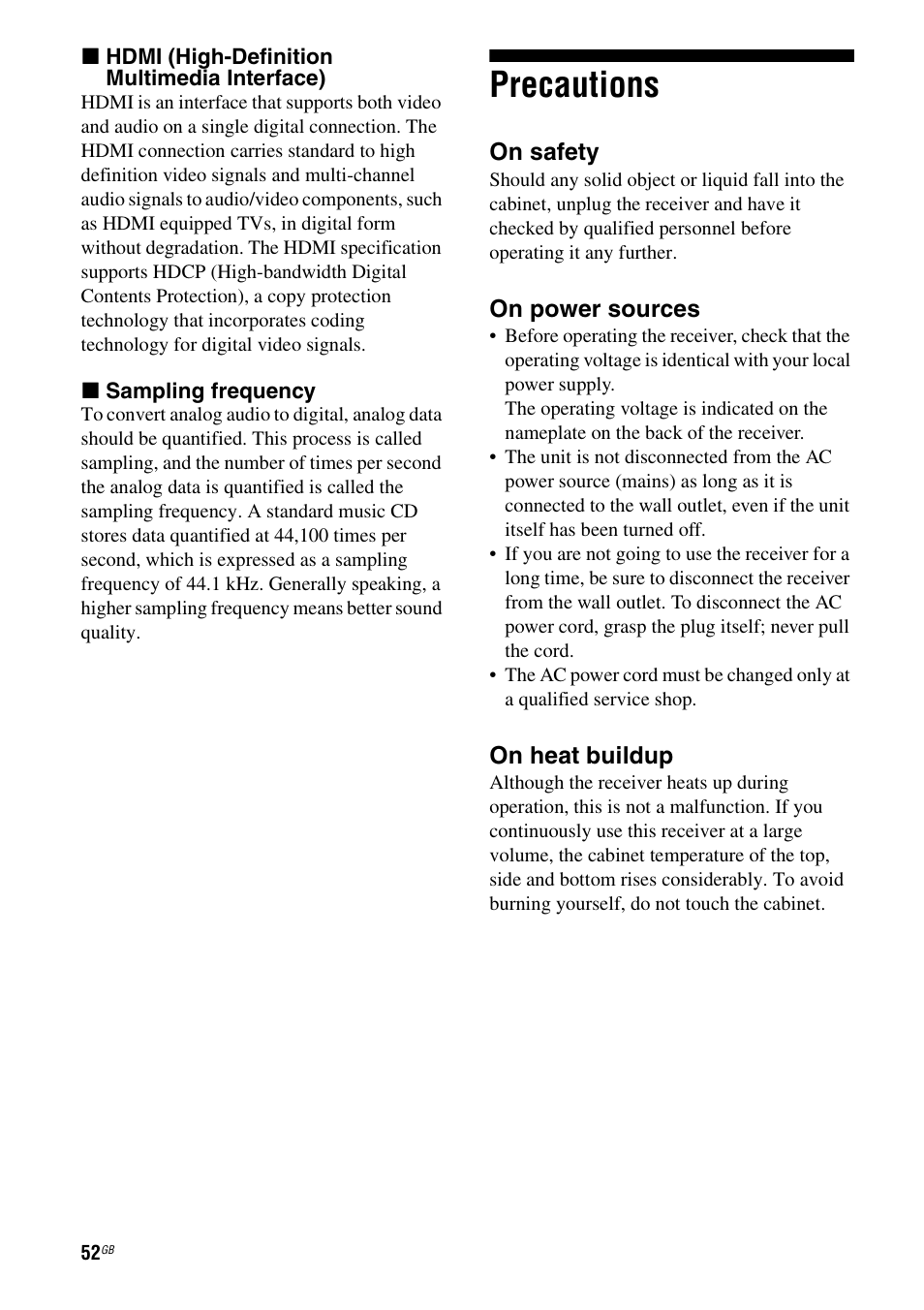 Precautions | Sony HT-SF1100 User Manual | Page 52 / 60