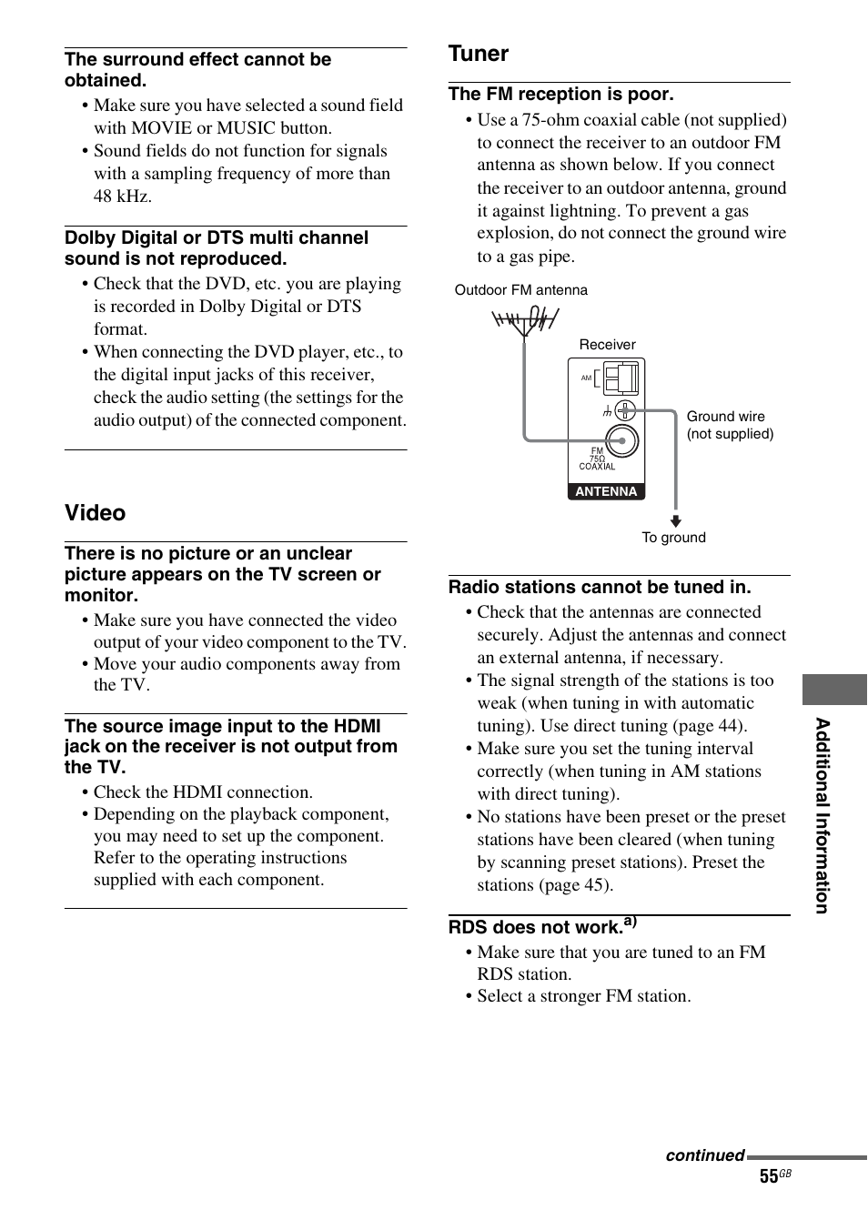 Video, Tuner | Sony HT-SF1100 User Manual | Page 55 / 60