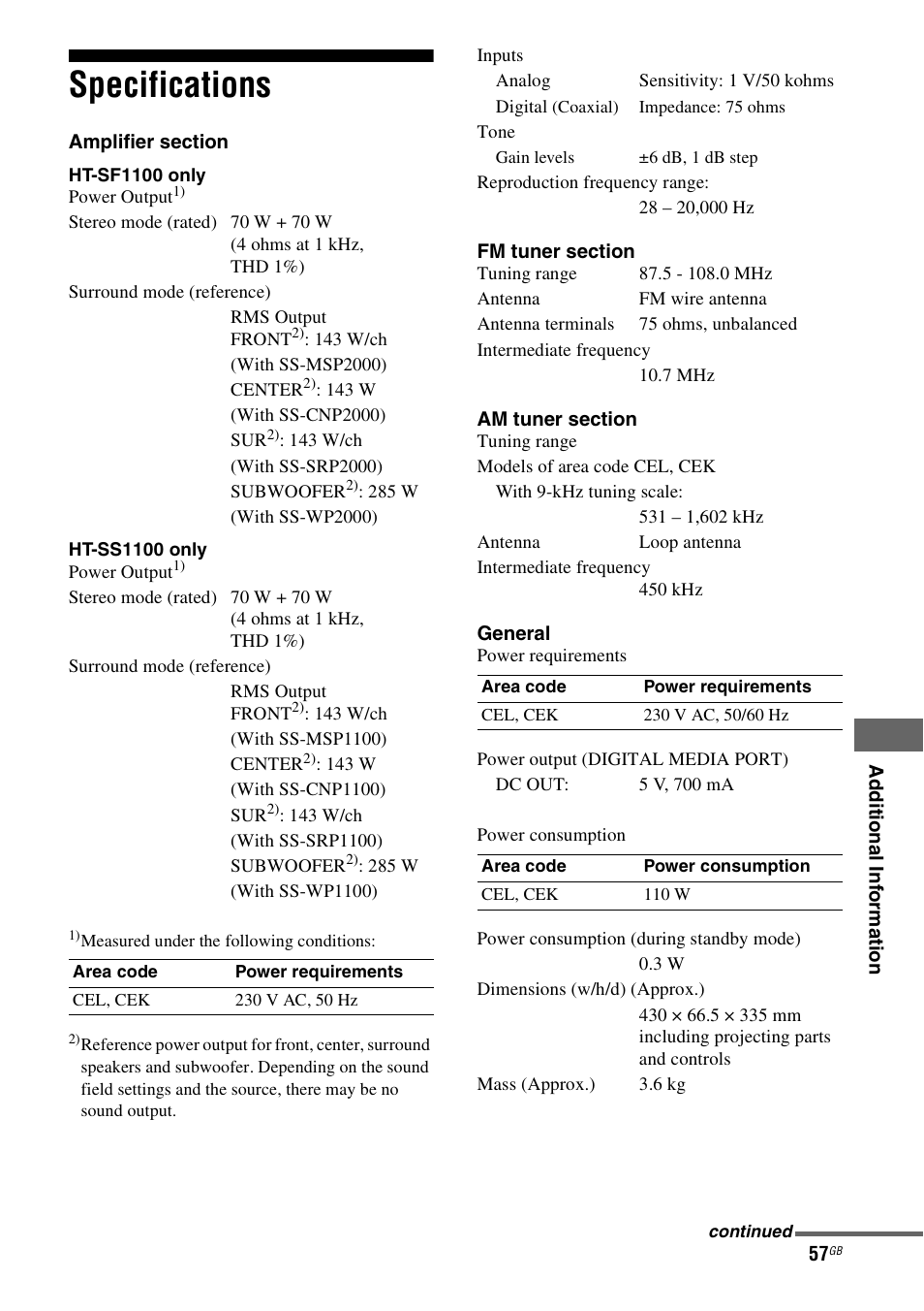 Specifications | Sony HT-SF1100 User Manual | Page 57 / 60
