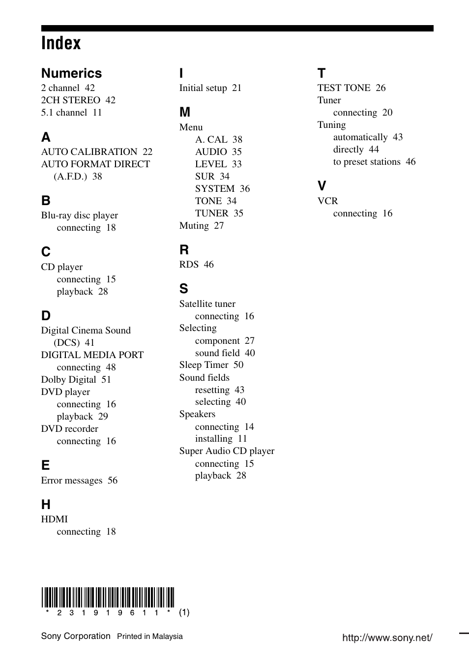 Index, Numerics | Sony HT-SF1100 User Manual | Page 60 / 60
