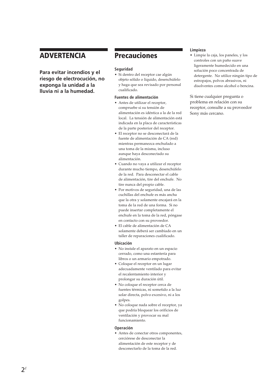 Precauciones, Advertencia | Sony STR-DE905G User Manual | Page 102 / 200