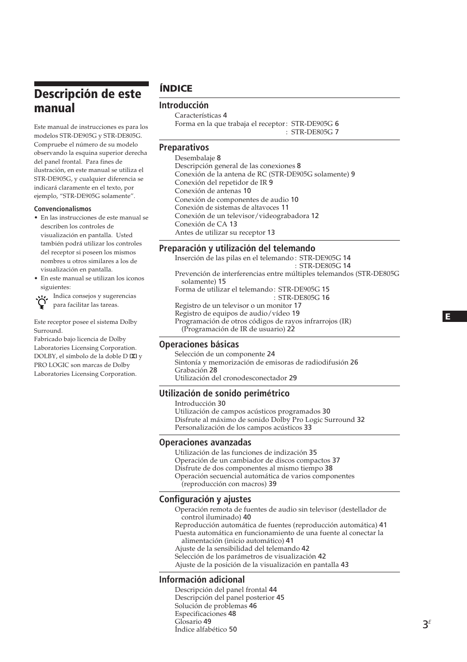 Descripción de este manual, Índice introducción, Preparativos | Preparación y utilización del telemando, Operaciones básicas, Utilización de sonido perimétrico, Operaciones avanzadas, Configuración y ajustes, Información adicional | Sony STR-DE905G User Manual | Page 103 / 200