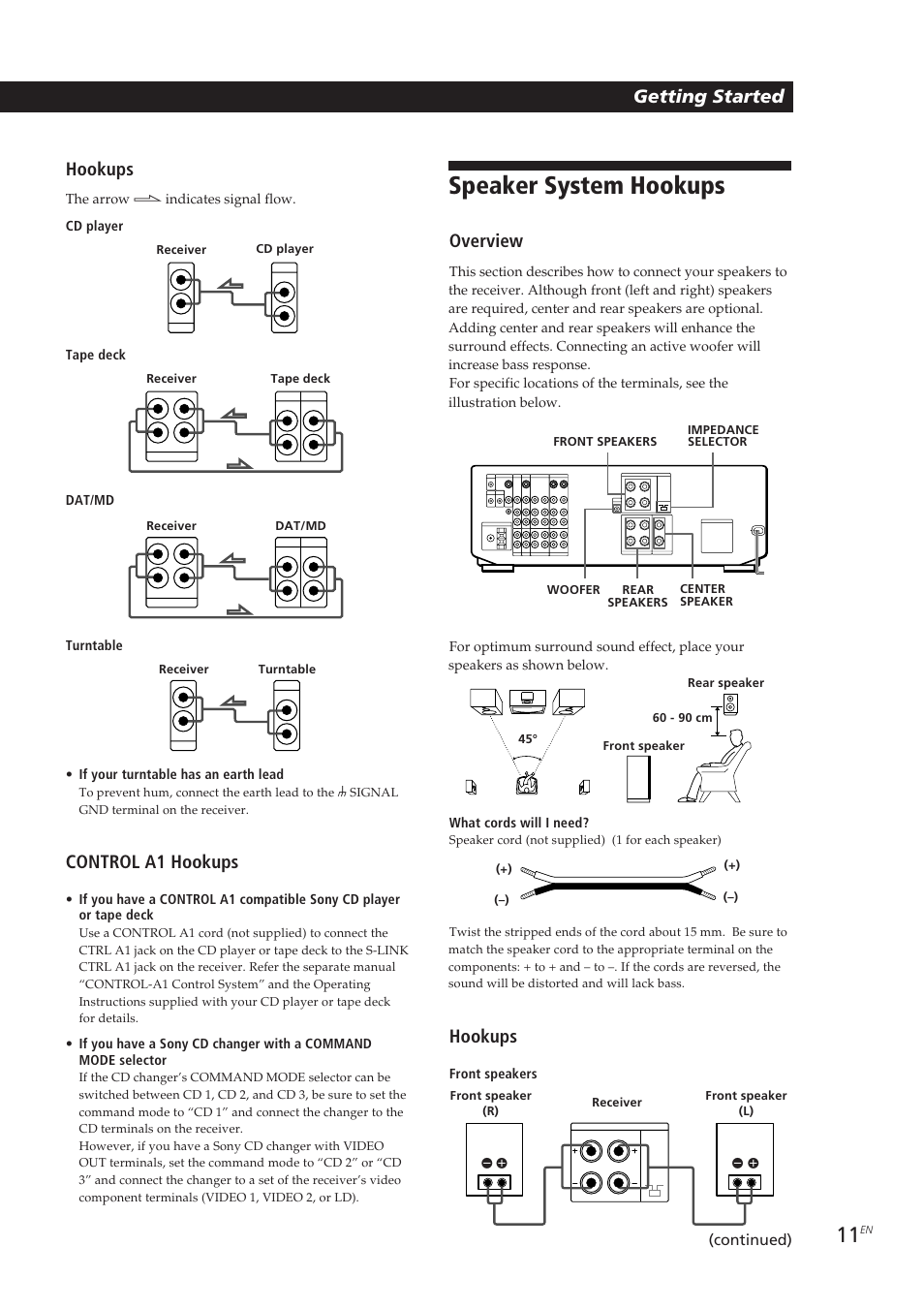 Speaker system hookups, Getting started hookups, Control a1 hookups | Overview, Hookups, Continued), Front speakers | Sony STR-DE905G User Manual | Page 11 / 200