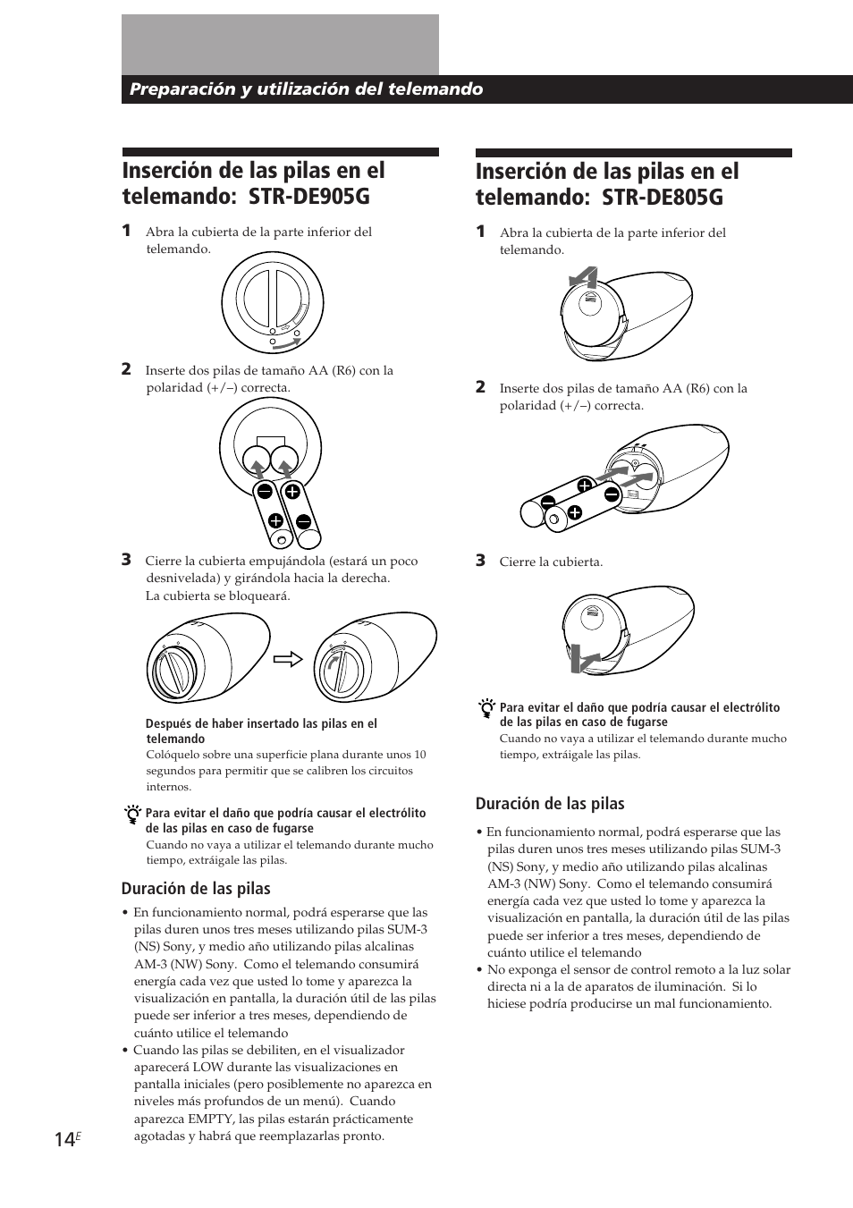 Inserción de las pilas en el telemando: str-de905g, Inserción de las pilas en el telemando: str-de805g, Preparación y utilización del telemando | Duración de las pilas | Sony STR-DE905G User Manual | Page 114 / 200