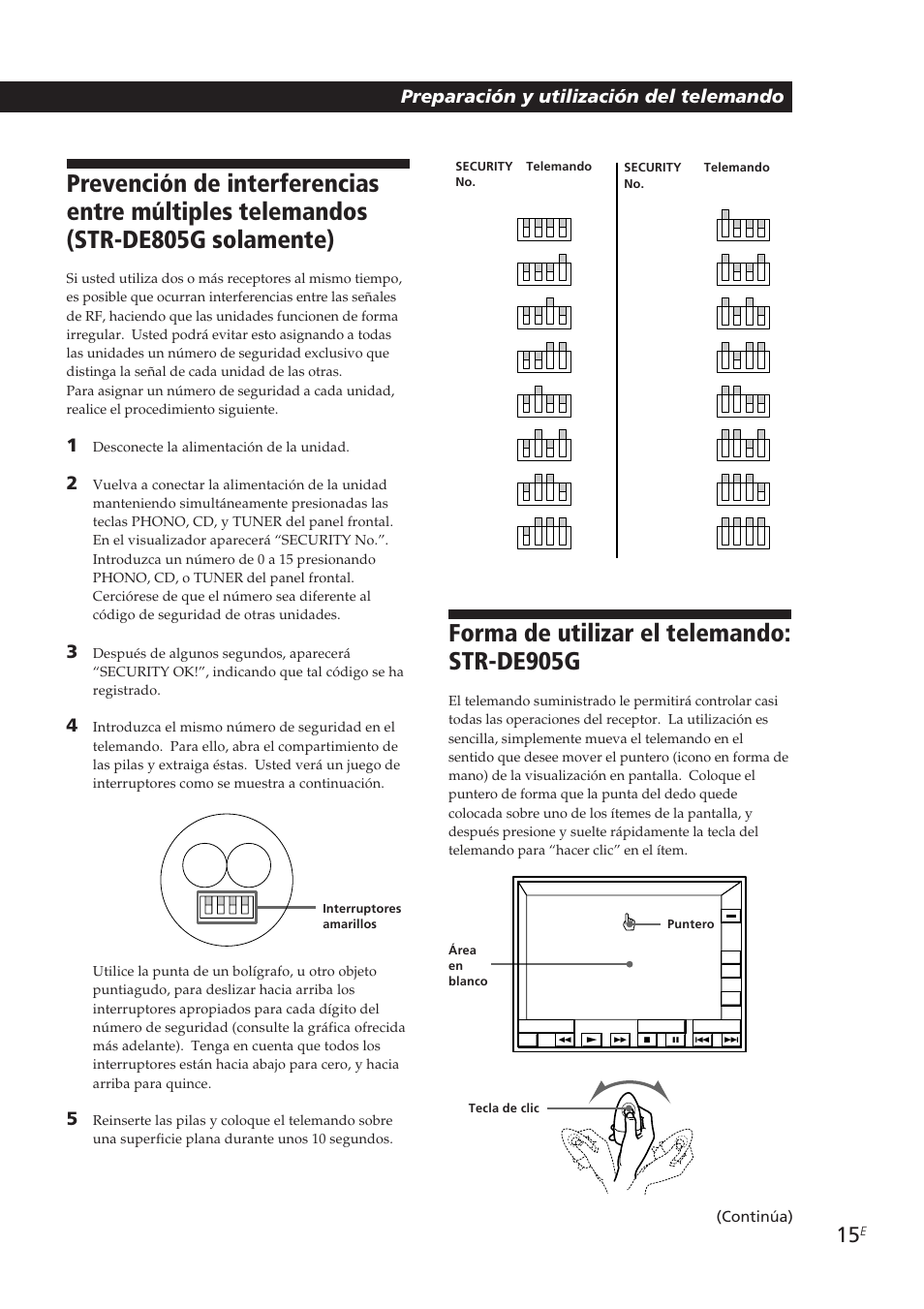 Forma de utilizar el telemando: str-de905g, Preparación y utilización del telemando, Continúa) | Sony STR-DE905G User Manual | Page 115 / 200