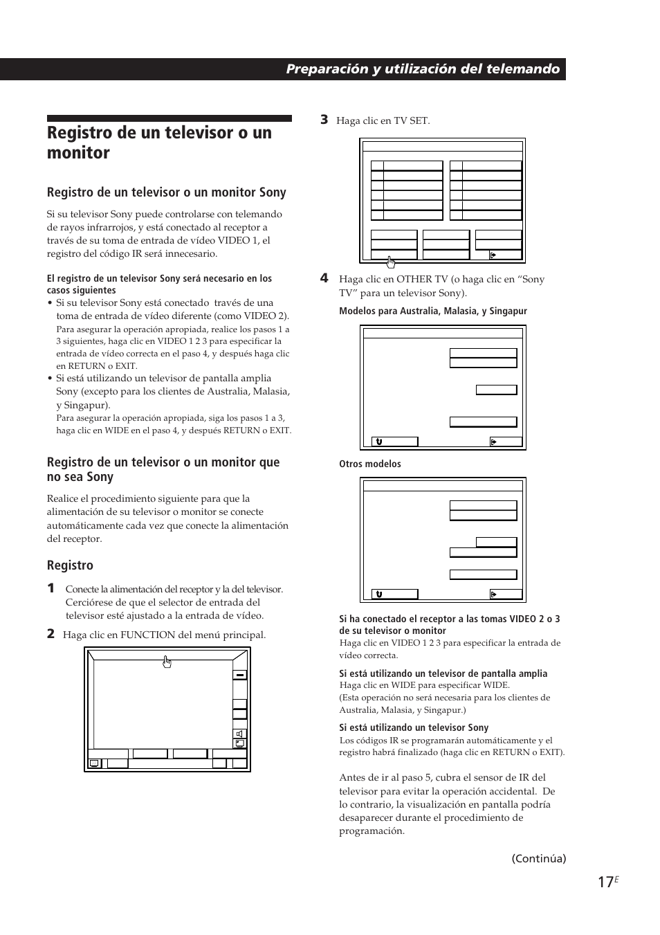 Registro de un televisor o un monitor, Preparación y utilización del telemando, Registro de un televisor o un monitor sony | Registro 1, Continúa) | Sony STR-DE905G User Manual | Page 117 / 200