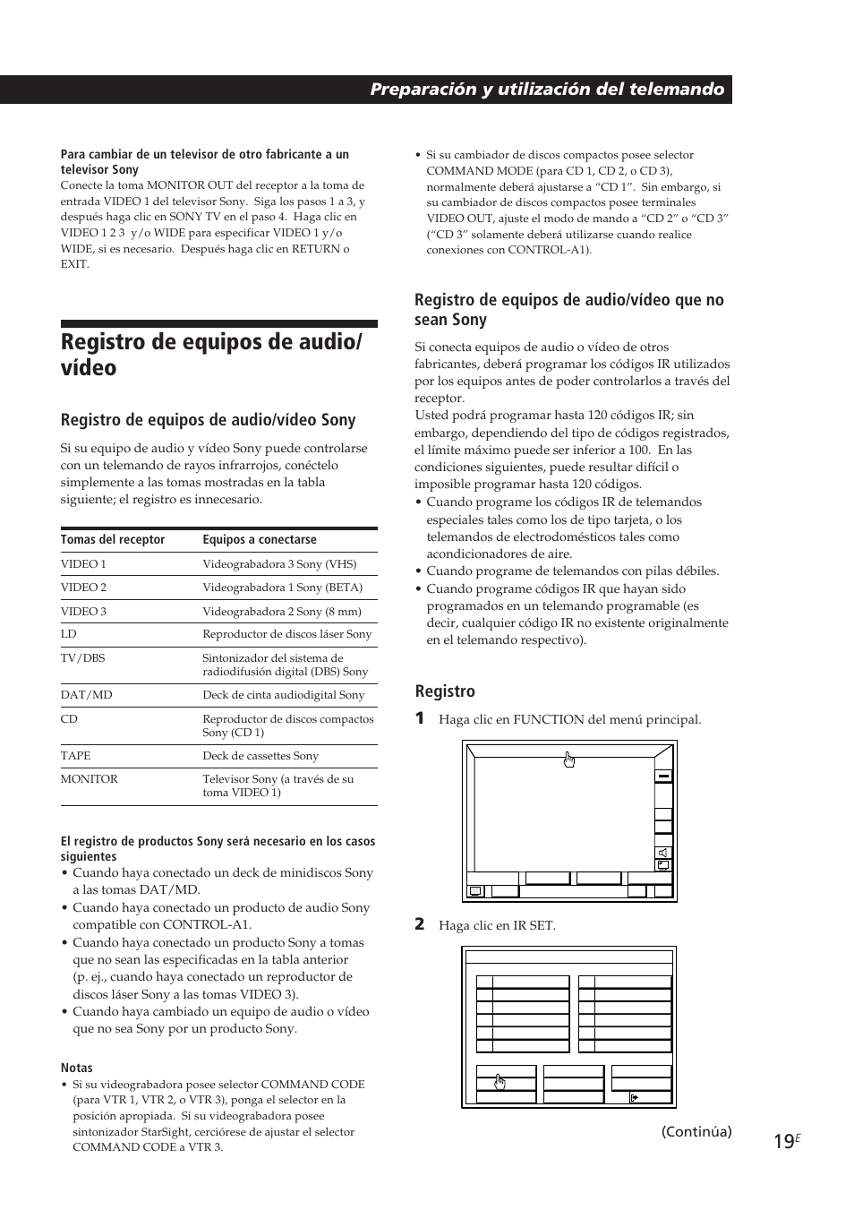 Registro de equipos de audio/ vídeo, Preparación y utilización del telemando, Registro de equipos de audio/vídeo sony | Registro 1, Continúa) | Sony STR-DE905G User Manual | Page 119 / 200