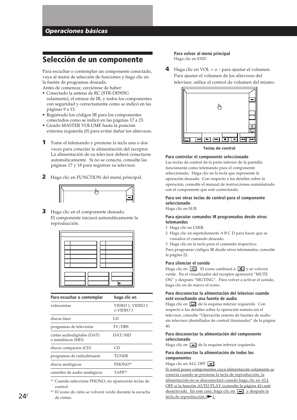 Selección de un componente, Operaciones básicas | Sony STR-DE905G User Manual | Page 124 / 200