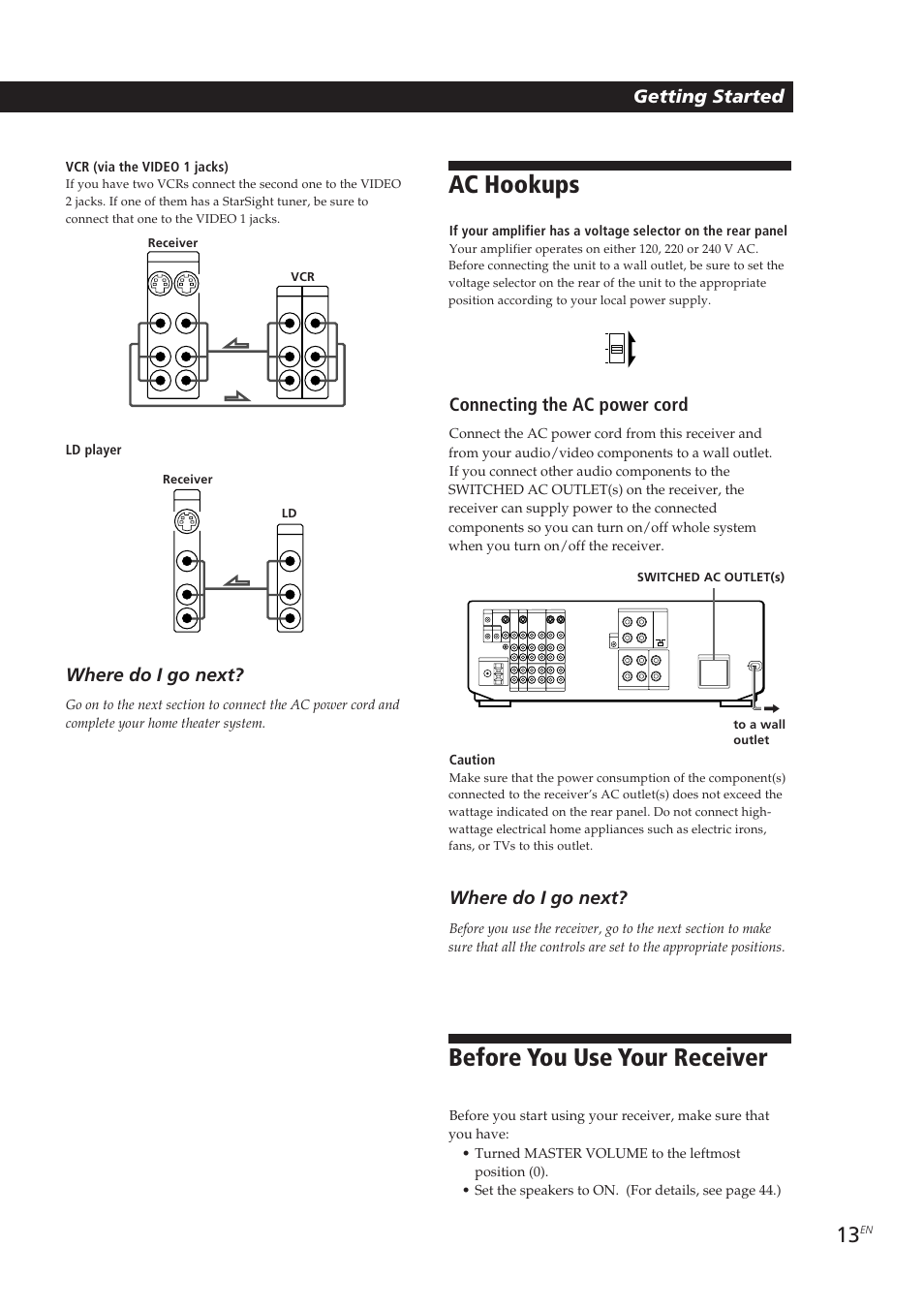 Ac hookups, Before you use your receiver, Getting started | Where do i go next, Connecting the ac power cord, Vcr (via the video 1 jacks), Ld player | Sony STR-DE905G User Manual | Page 13 / 200