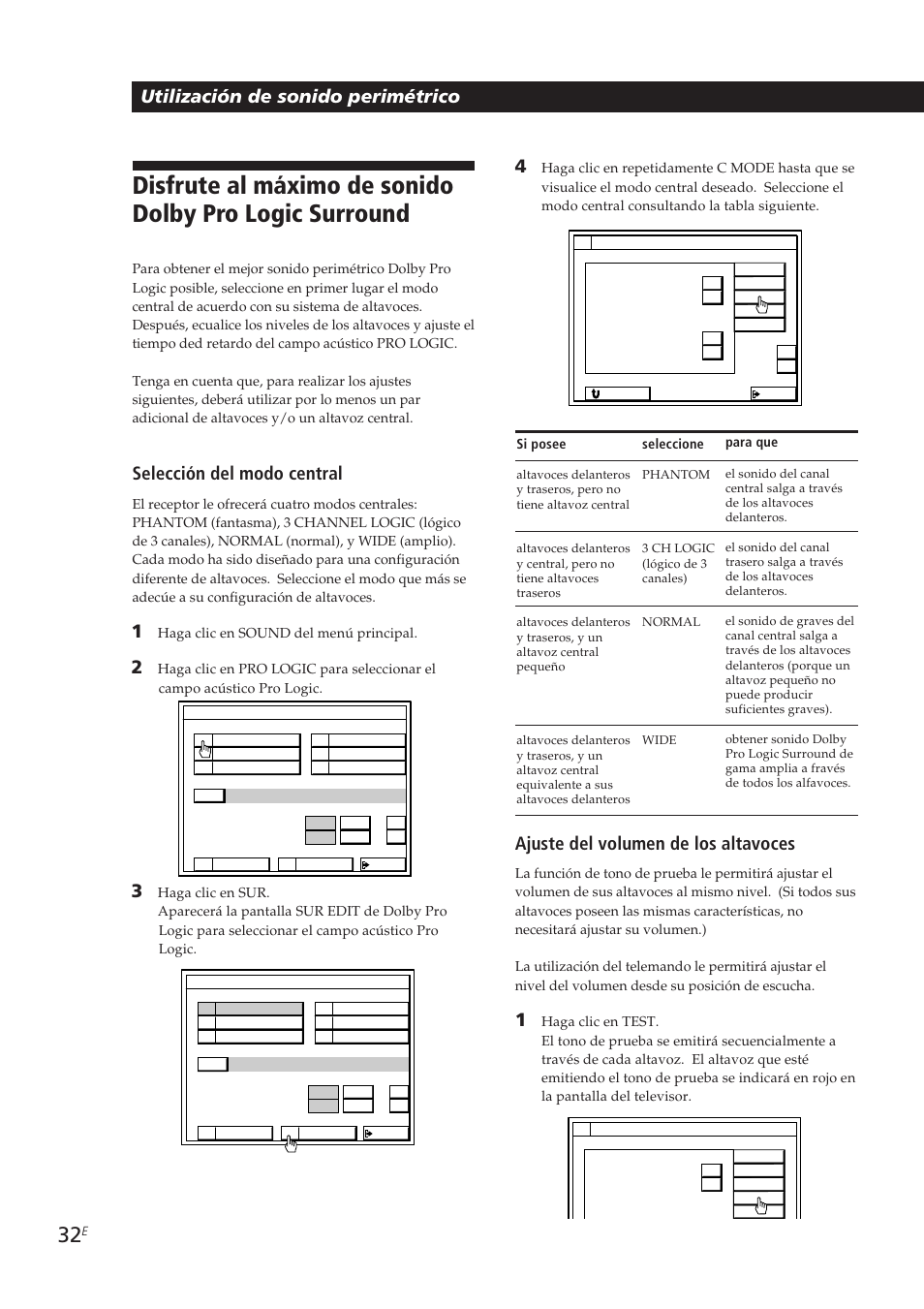 Utilización de sonido perimétrico 4, Ajuste del volumen de los altavoces, Selección del modo central | Sony STR-DE905G User Manual | Page 132 / 200