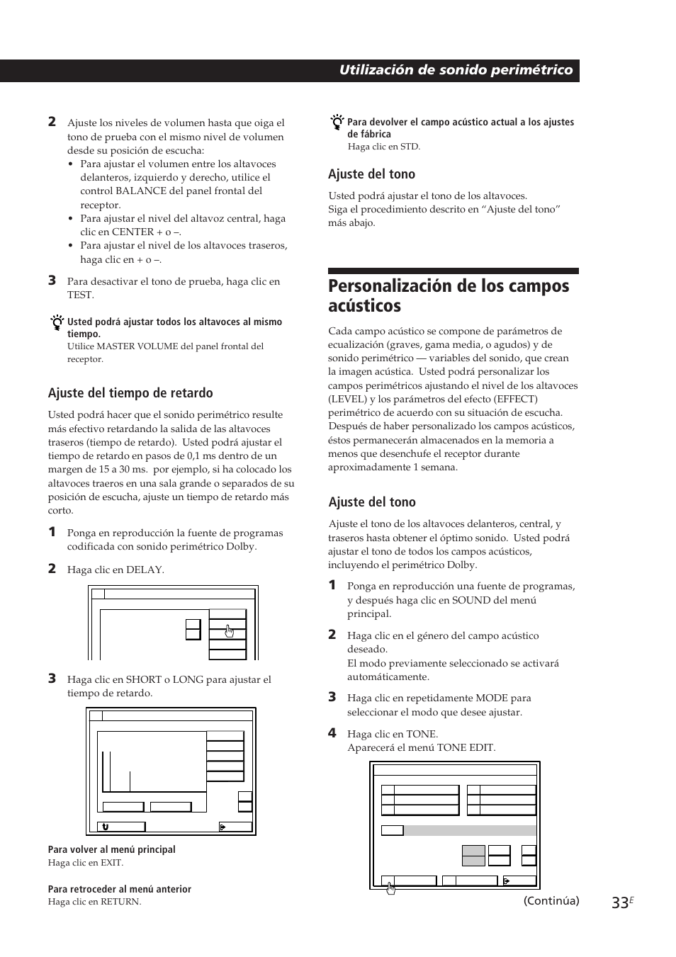 Personalización de los campos acústicos, Utilización de sonido perimétrico 2, Ajuste del tiempo de retardo | Ajuste del tono | Sony STR-DE905G User Manual | Page 133 / 200