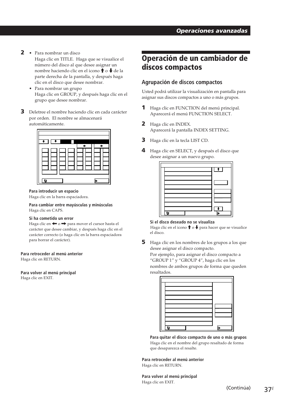 Operación de un cambiador de discos compactos, Operaciones avanzadas 2, Agrupación de discos compactos | Continúa) | Sony STR-DE905G User Manual | Page 137 / 200