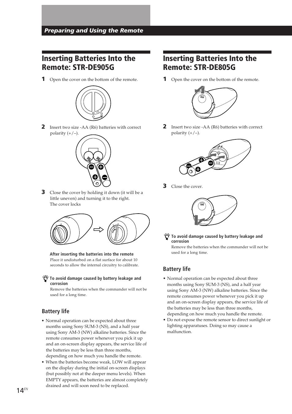 Inserting batteries into the remote: str-de905g, Inserting batteries into the remote: str-de805g, Preparing and using the remote | Battery life | Sony STR-DE905G User Manual | Page 14 / 200