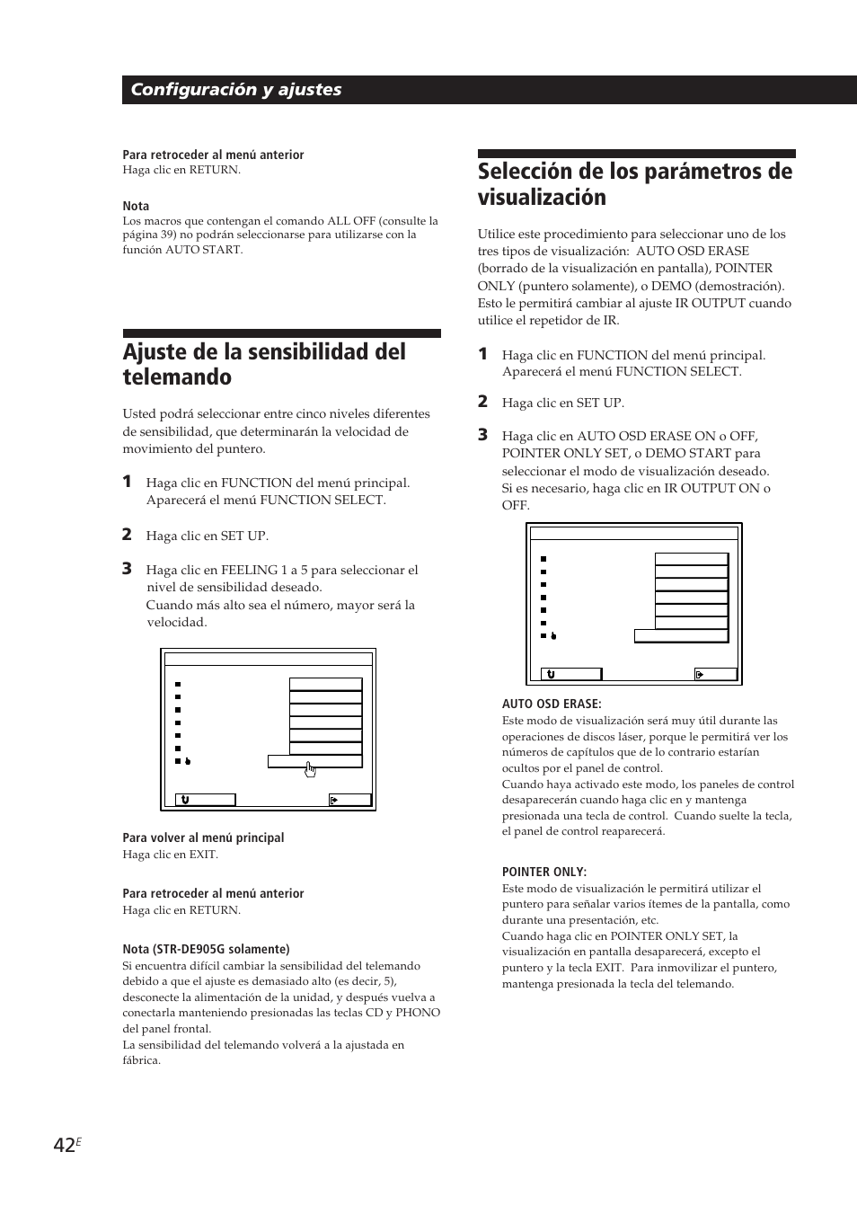 Ajuste de la sensibilidad del telemando, Selección de los parámetros de visualización, Configuración y ajustes | Sony STR-DE905G User Manual | Page 142 / 200