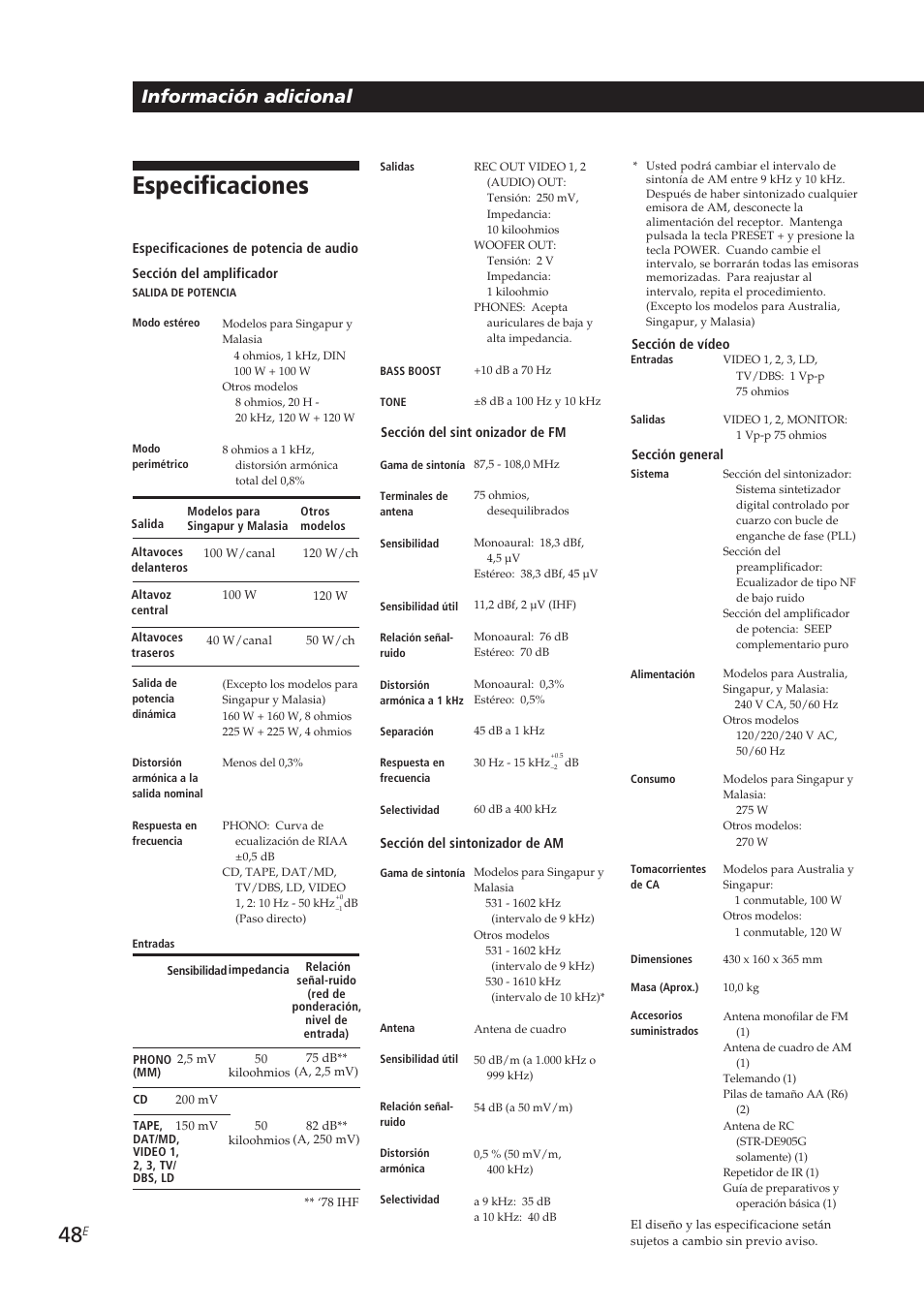 Especificaciones, Información adicional | Sony STR-DE905G User Manual | Page 148 / 200