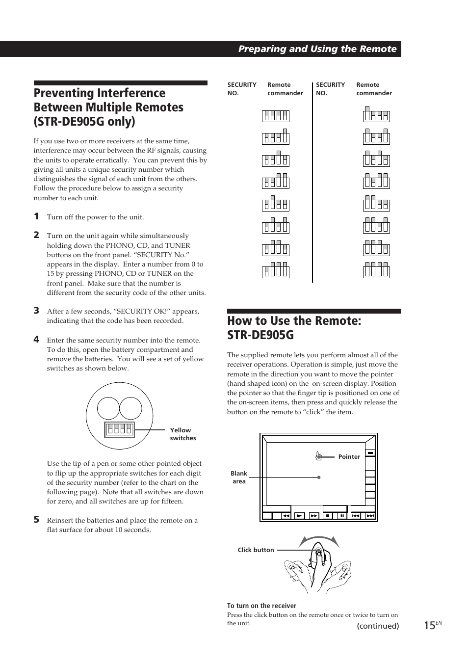 How to use the remote: str-de905g, Preparing and using the remote, Continued) | Sony STR-DE905G User Manual | Page 15 / 200