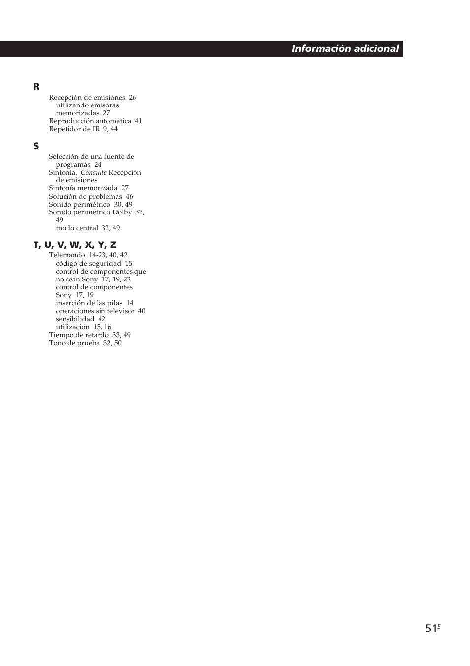 Información adicional r, T, u, v, w, x, y, z | Sony STR-DE905G User Manual | Page 151 / 200