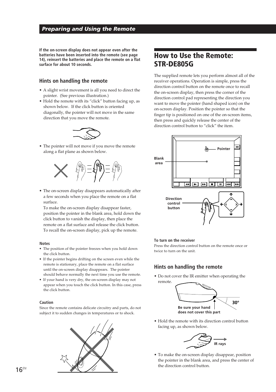 How to use the remote: str-de805g, Preparing and using the remote, Hints on handling the remote | Mm â µ | Sony STR-DE905G User Manual | Page 16 / 200