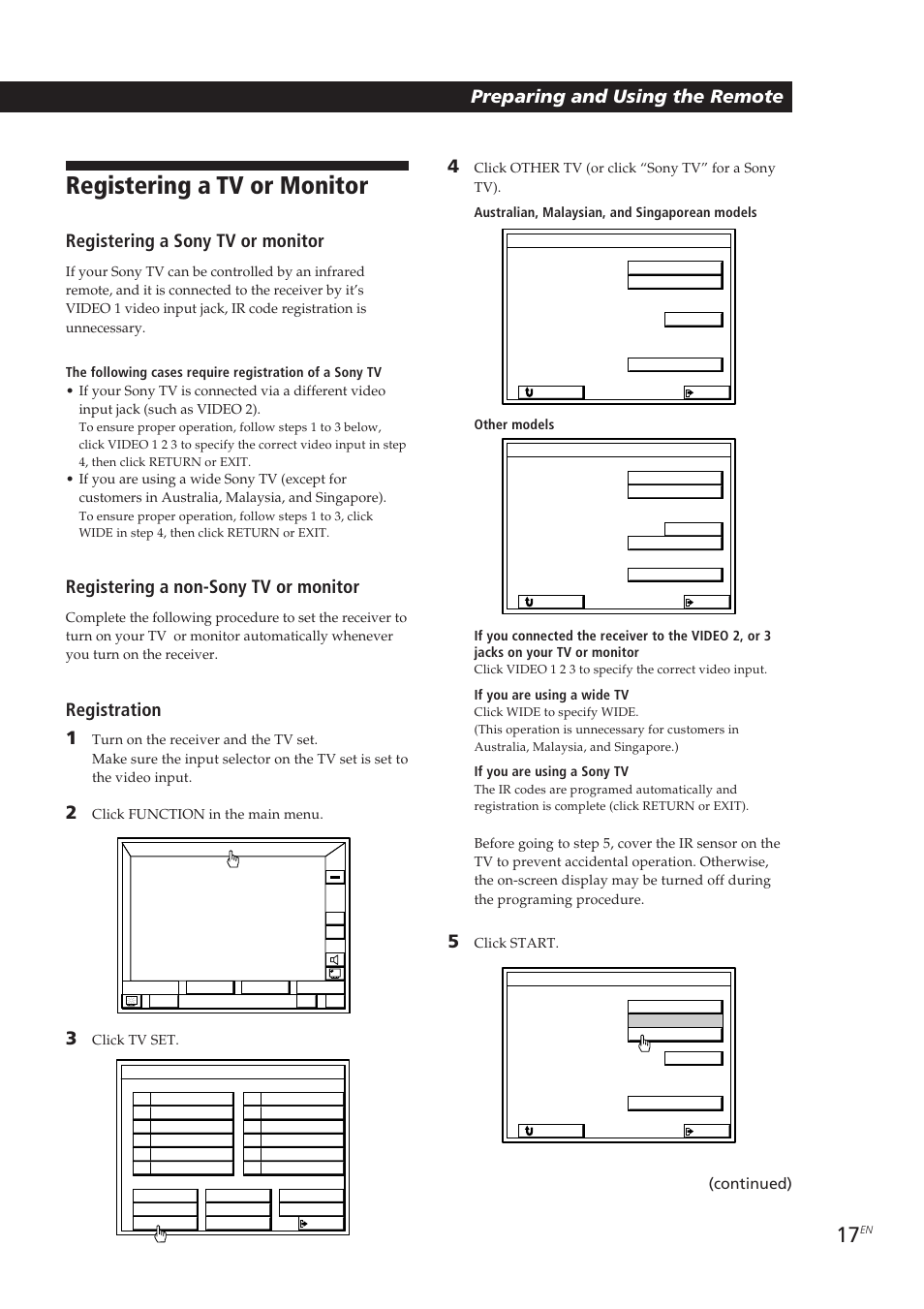 Registering a tv or monitor, Preparing and using the remote, Registering a sony tv or monitor | Registering a non-sony tv or monitor, Registration 1, Continued) | Sony STR-DE905G User Manual | Page 17 / 200