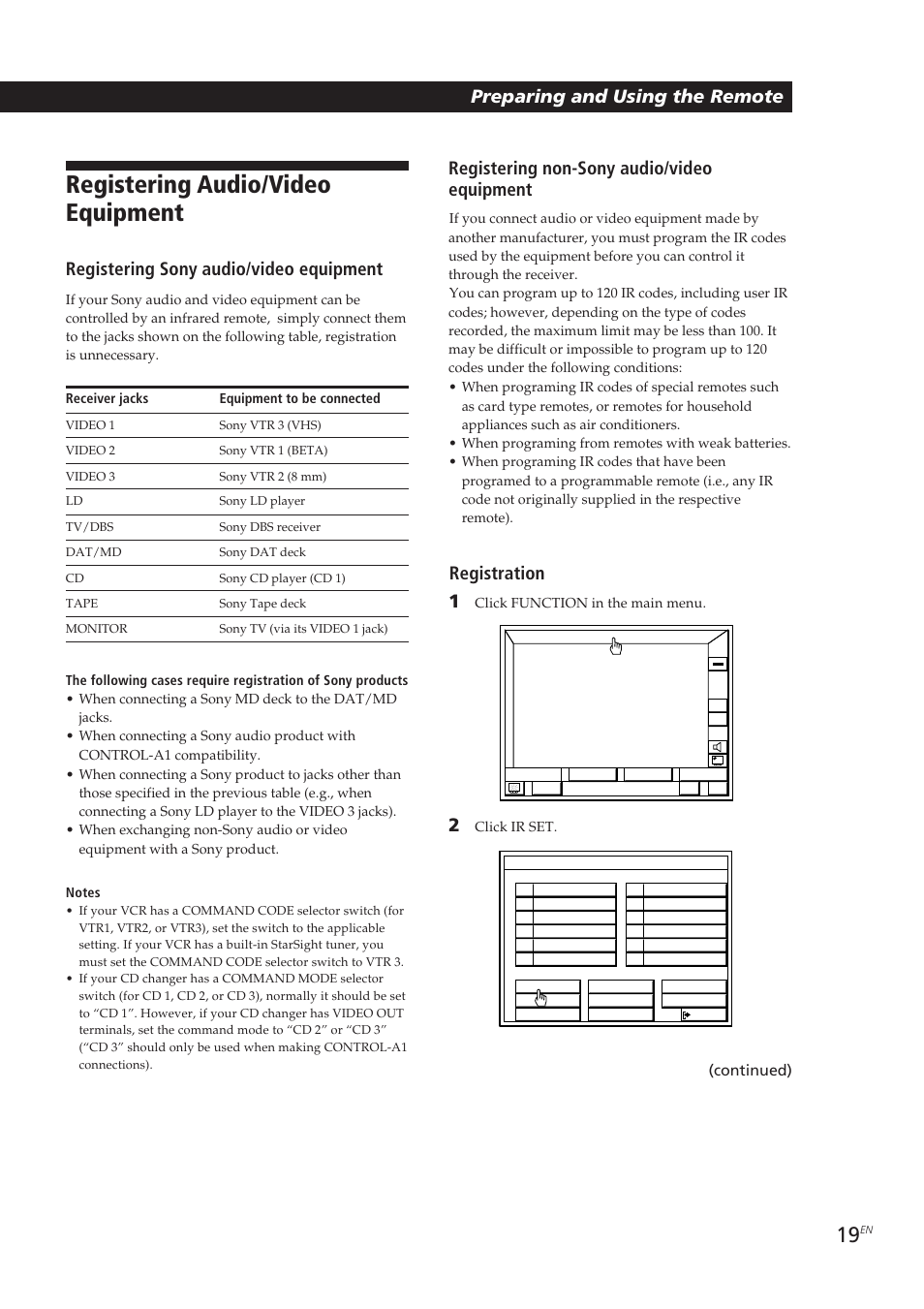 Registering audio/video equipment, Preparing and using the remote, Registering sony audio/video equipment | Registering non-sony audio/video equipment, Registration 1, Continued) | Sony STR-DE905G User Manual | Page 19 / 200