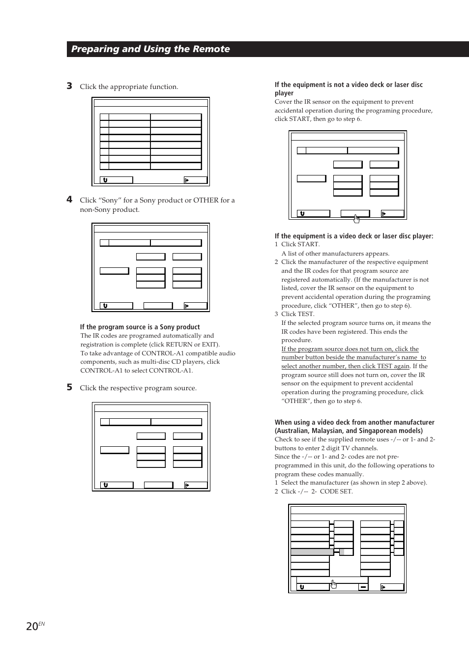 Preparing and using the remote 3, Click the appropriate function, Click the respective program source | Sony STR-DE905G User Manual | Page 20 / 200