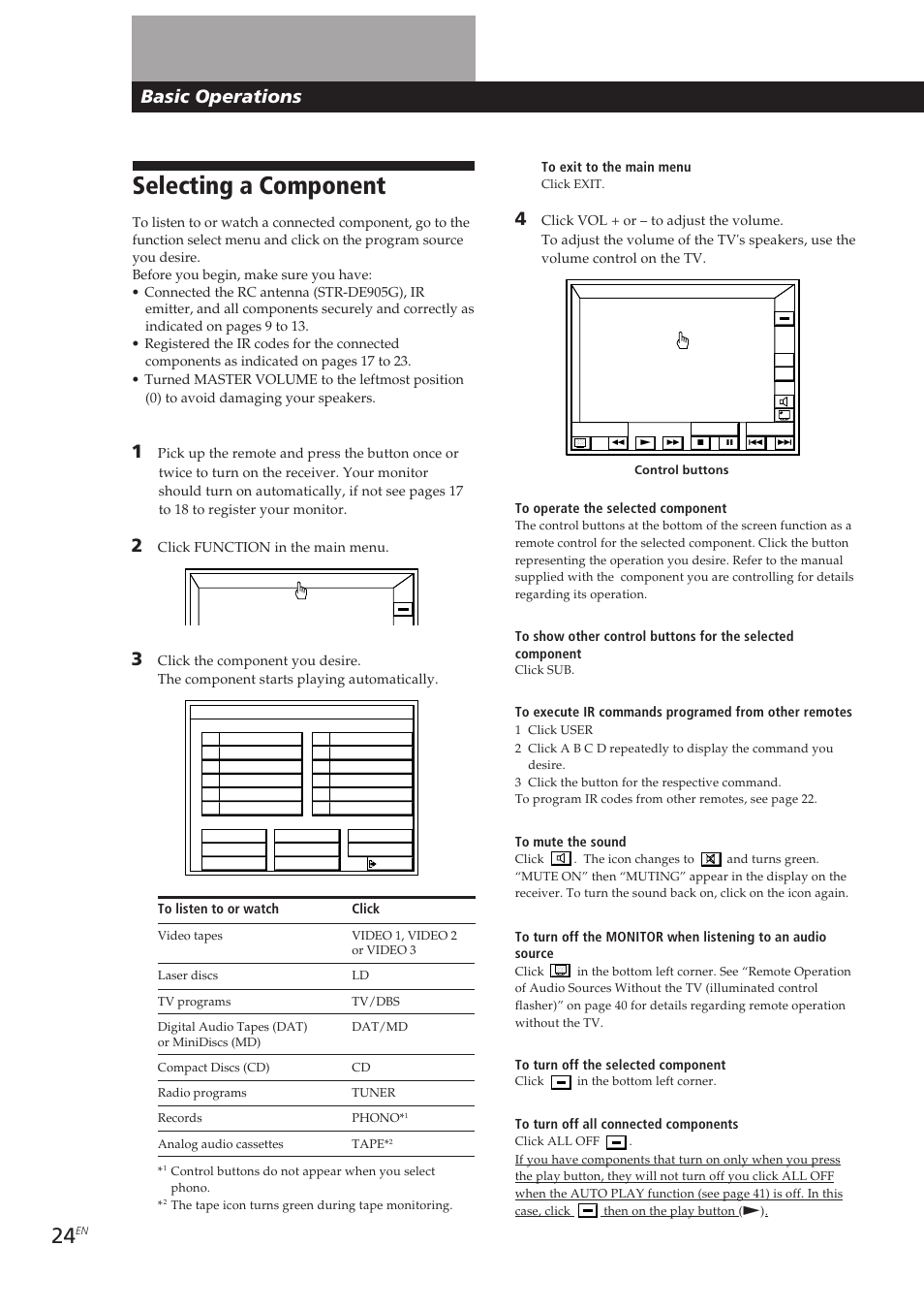 Selecting a component, Basic operations | Sony STR-DE905G User Manual | Page 24 / 200