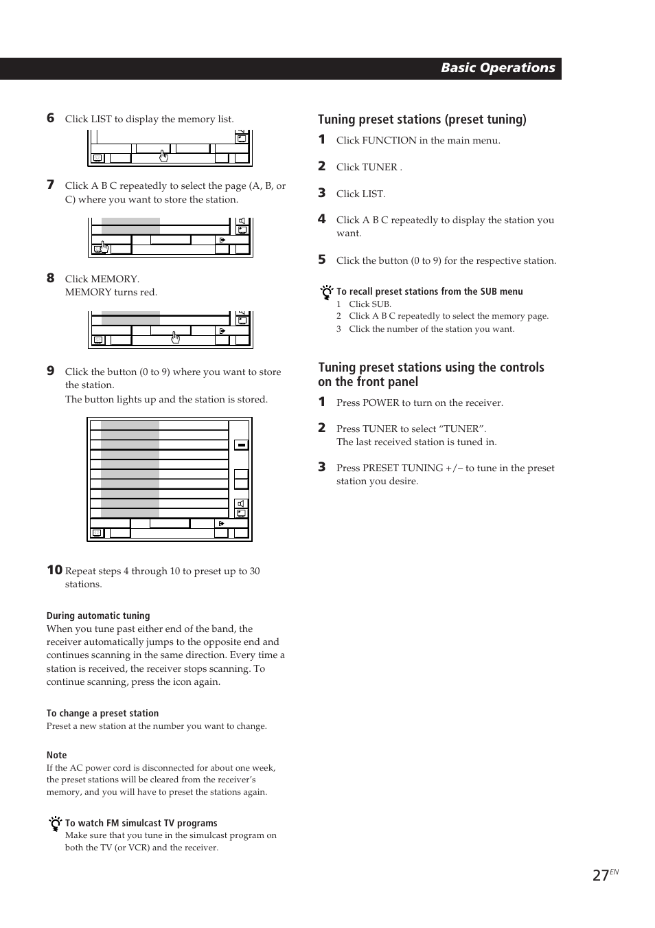 Basic operations 6, Tuning preset stations (preset tuning) 1 | Sony STR-DE905G User Manual | Page 27 / 200