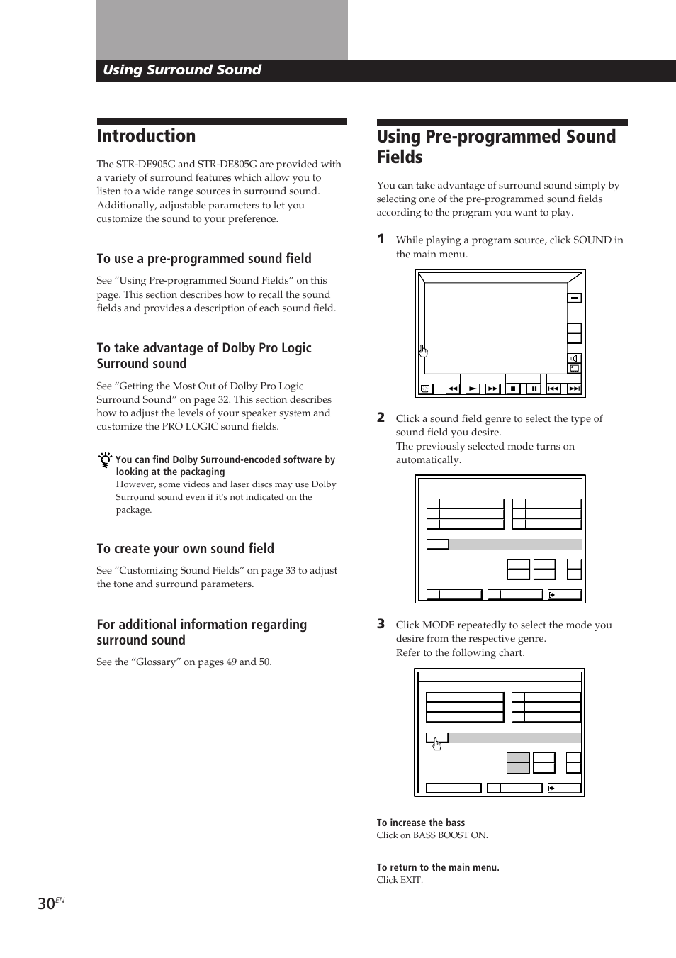 Introduction, Using pre-programmed sound fields, Using surround sound | Sony STR-DE905G User Manual | Page 30 / 200