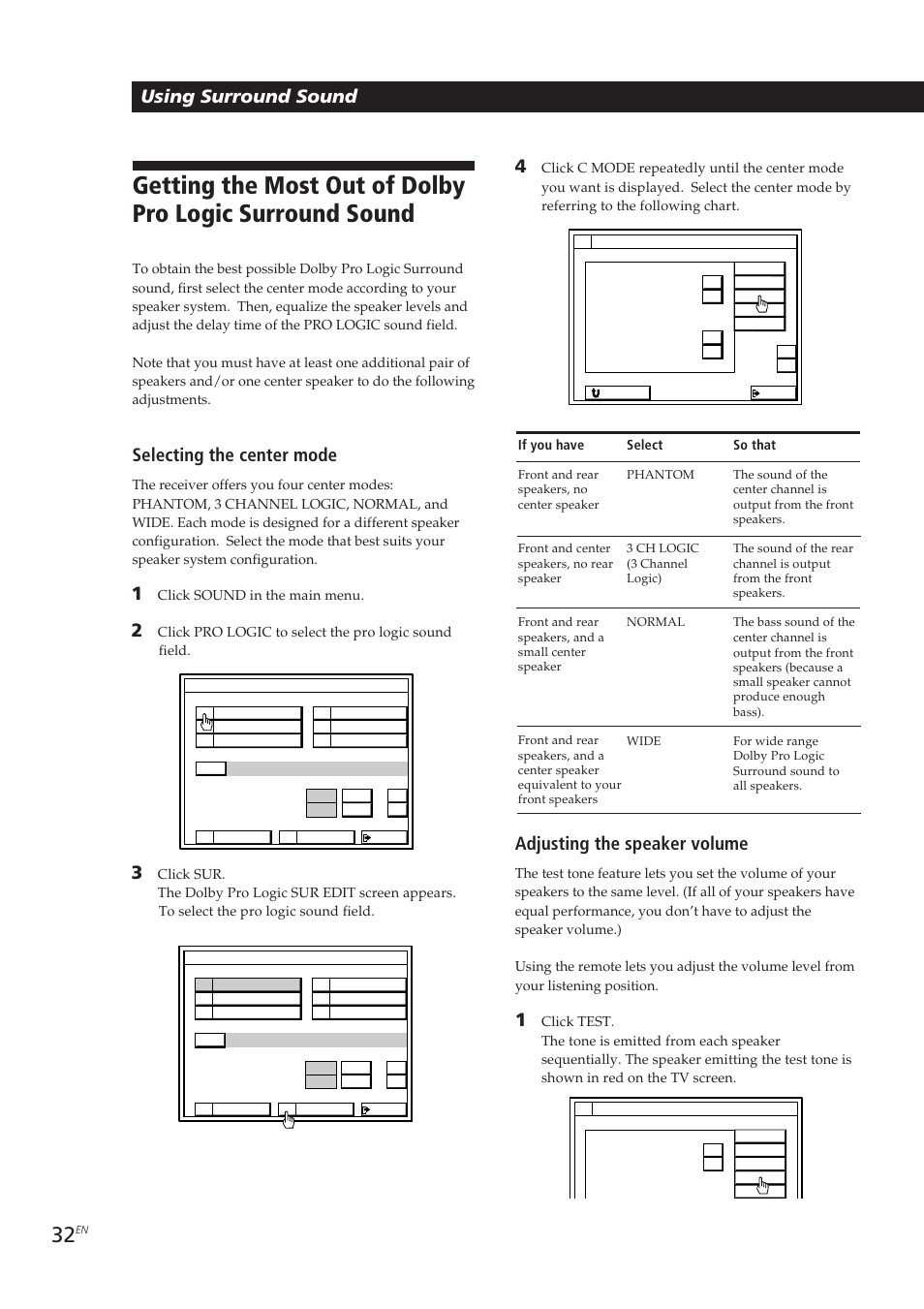Using surround sound 4, Adjusting the speaker volume, Selecting the center mode | Sony STR-DE905G User Manual | Page 32 / 200