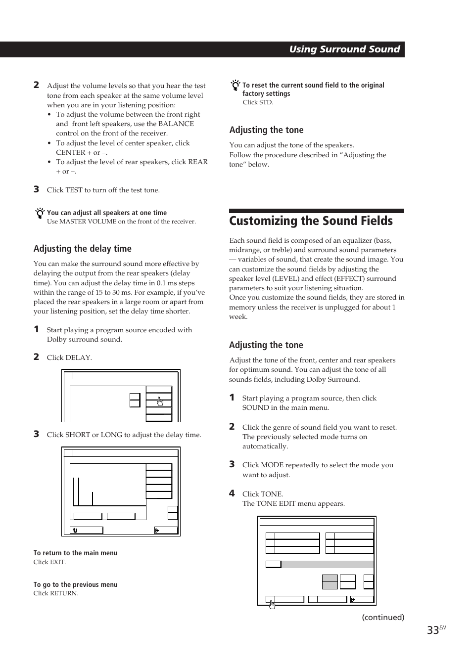 Customizing the sound fields, Using surround sound 2, Adjusting the delay time | Adjusting the tone | Sony STR-DE905G User Manual | Page 33 / 200