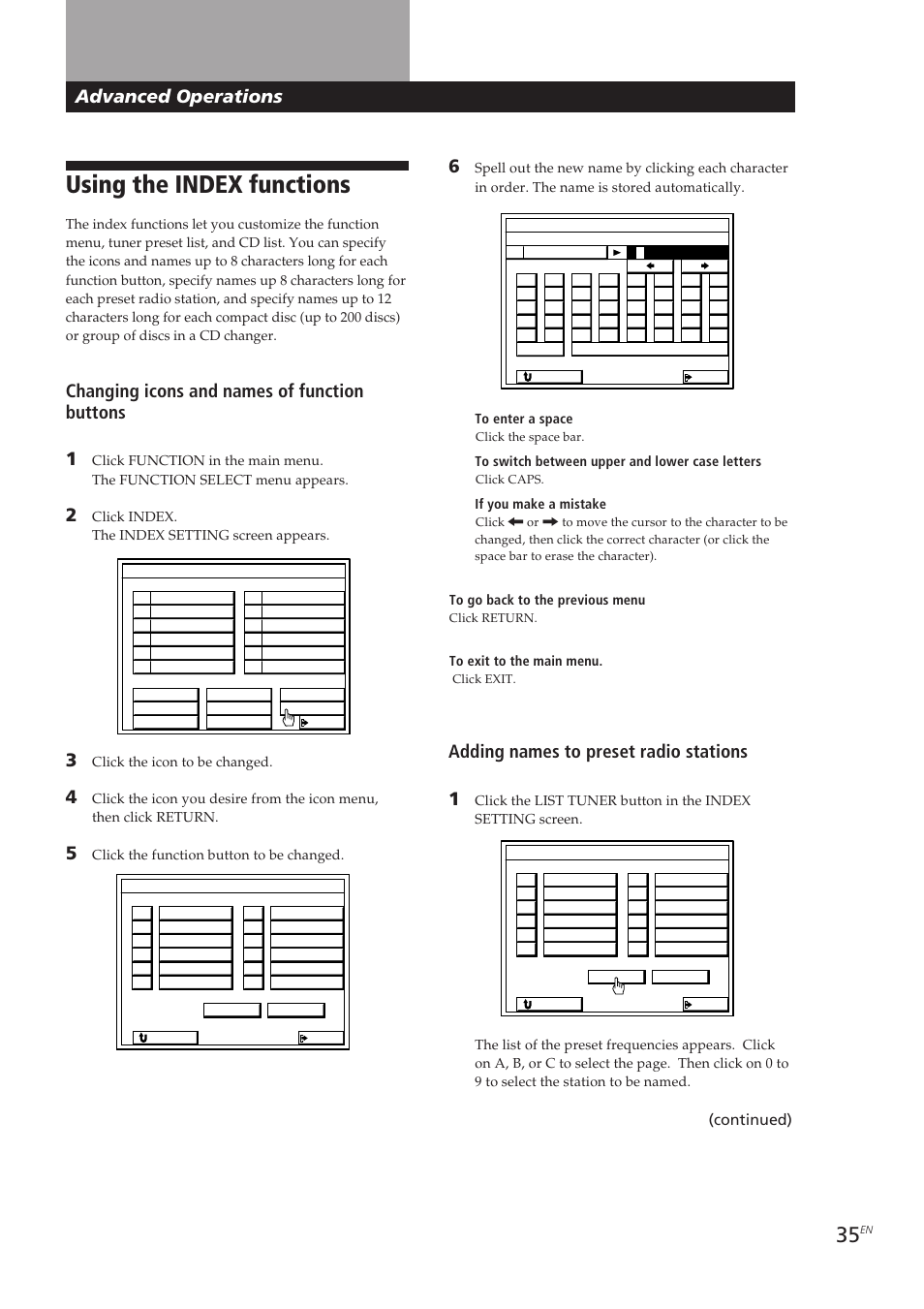 Using the index functions, Advanced operations, Changing icons and names of function buttons 1 | Adding names to preset radio stations 1, Continued) | Sony STR-DE905G User Manual | Page 35 / 200