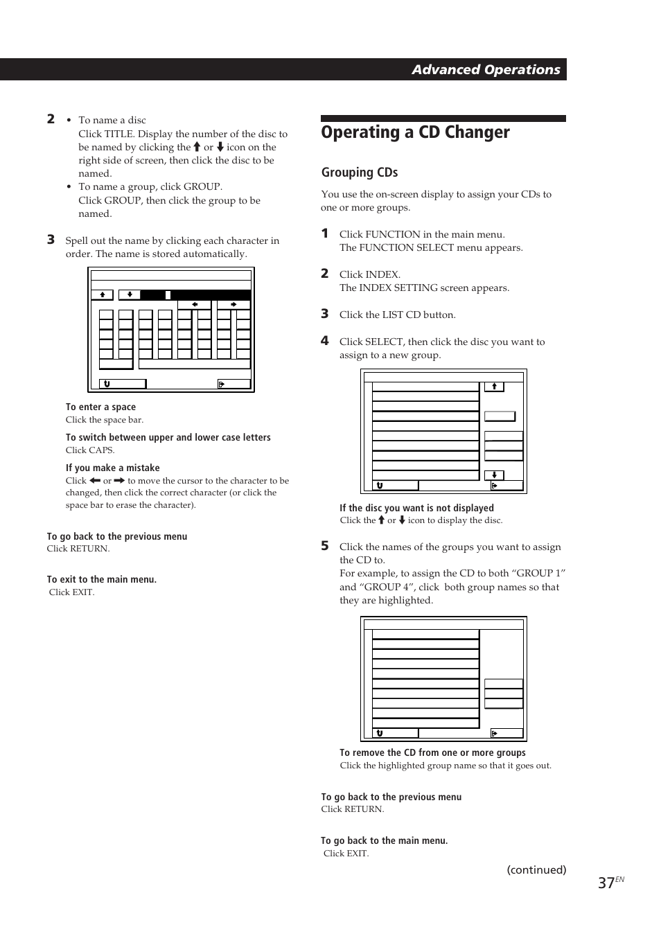 Operating a cd changer, Advanced operations 2, Grouping cds | Continued) | Sony STR-DE905G User Manual | Page 37 / 200