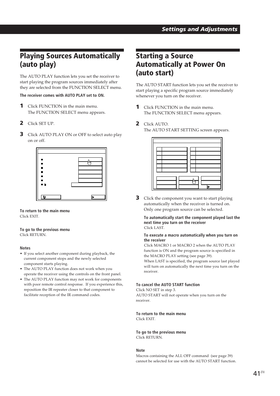 Playing sources automatically (auto play), Settings and adjustments | Sony STR-DE905G User Manual | Page 41 / 200