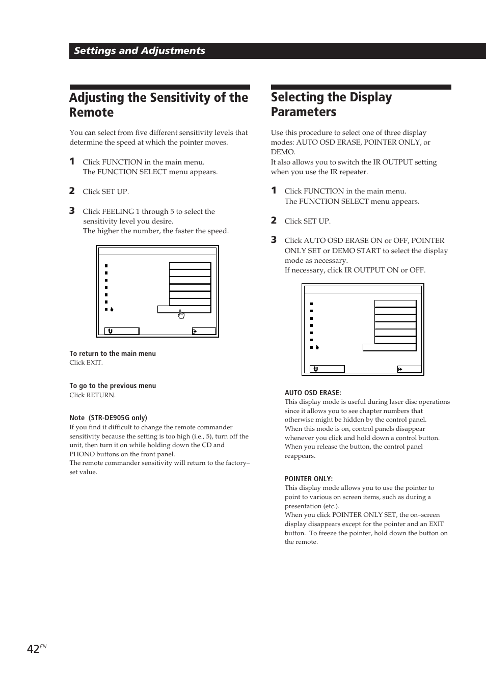 Adjusting the sensitivity of the remote, Selecting the display parameters, Settings and adjustments | Sony STR-DE905G User Manual | Page 42 / 200