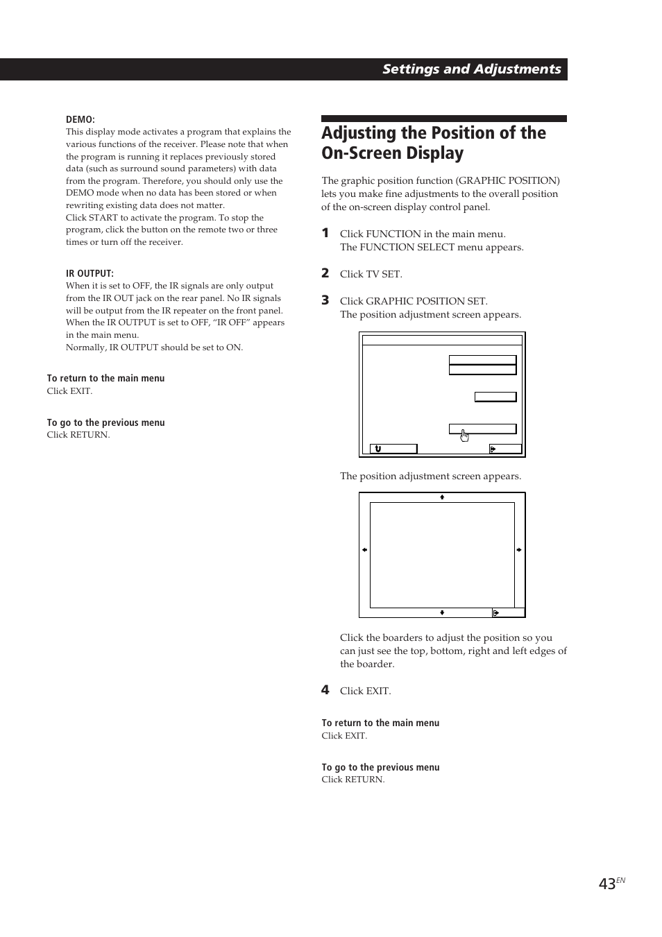 Adjusting the position of the on-screen display, Settings and adjustments | Sony STR-DE905G User Manual | Page 43 / 200