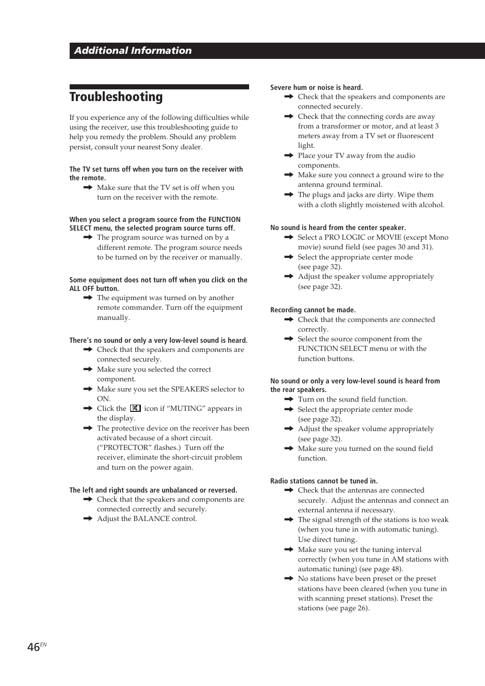 Troubleshooting, Additional information | Sony STR-DE905G User Manual | Page 46 / 200