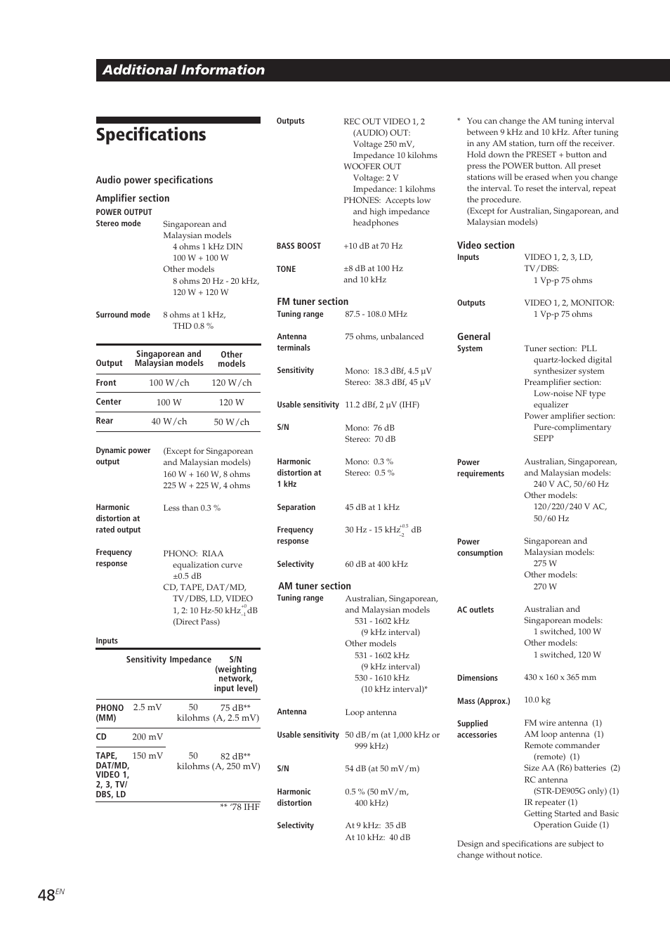 Specifications, Additional information | Sony STR-DE905G User Manual | Page 48 / 200