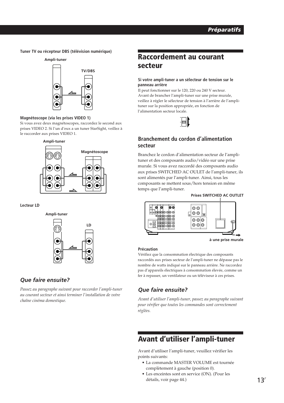 Raccordement au courant secteur, Avant d’utiliser l’ampli-tuner, Préparatifs | Que faire ensuite, Branchement du cordon d’alimentation secteur, Lecteur ld | Sony STR-DE905G User Manual | Page 63 / 200