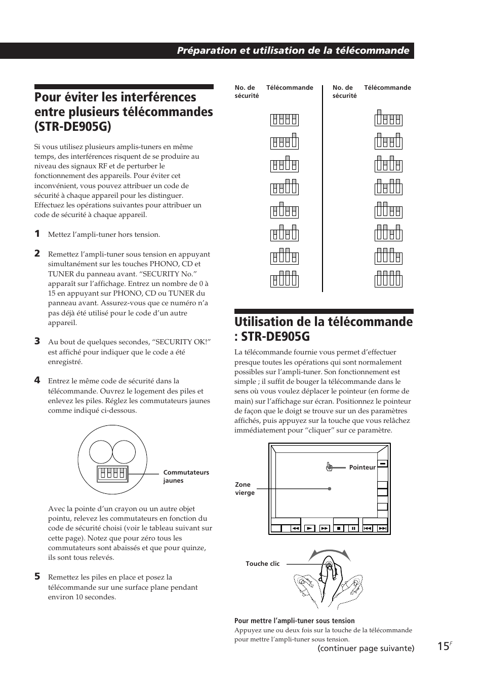 Utilisation de la télécommande : str-de905g, Préparation et utilisation de la télécommande, Continuer page suivante) | Sony STR-DE905G User Manual | Page 65 / 200