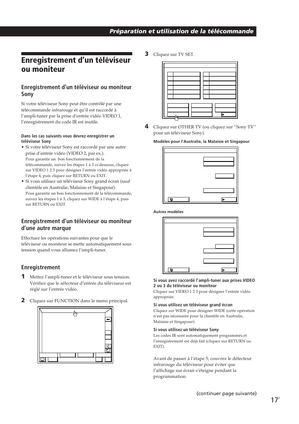 Enregistrement d’un téléviseur ou moniteur, Préparation et utilisation de la télécommande, Enregistrement d’un téléviseur ou moniteur sony | Enregistrement 1, Continuer page suivante) | Sony STR-DE905G User Manual | Page 67 / 200