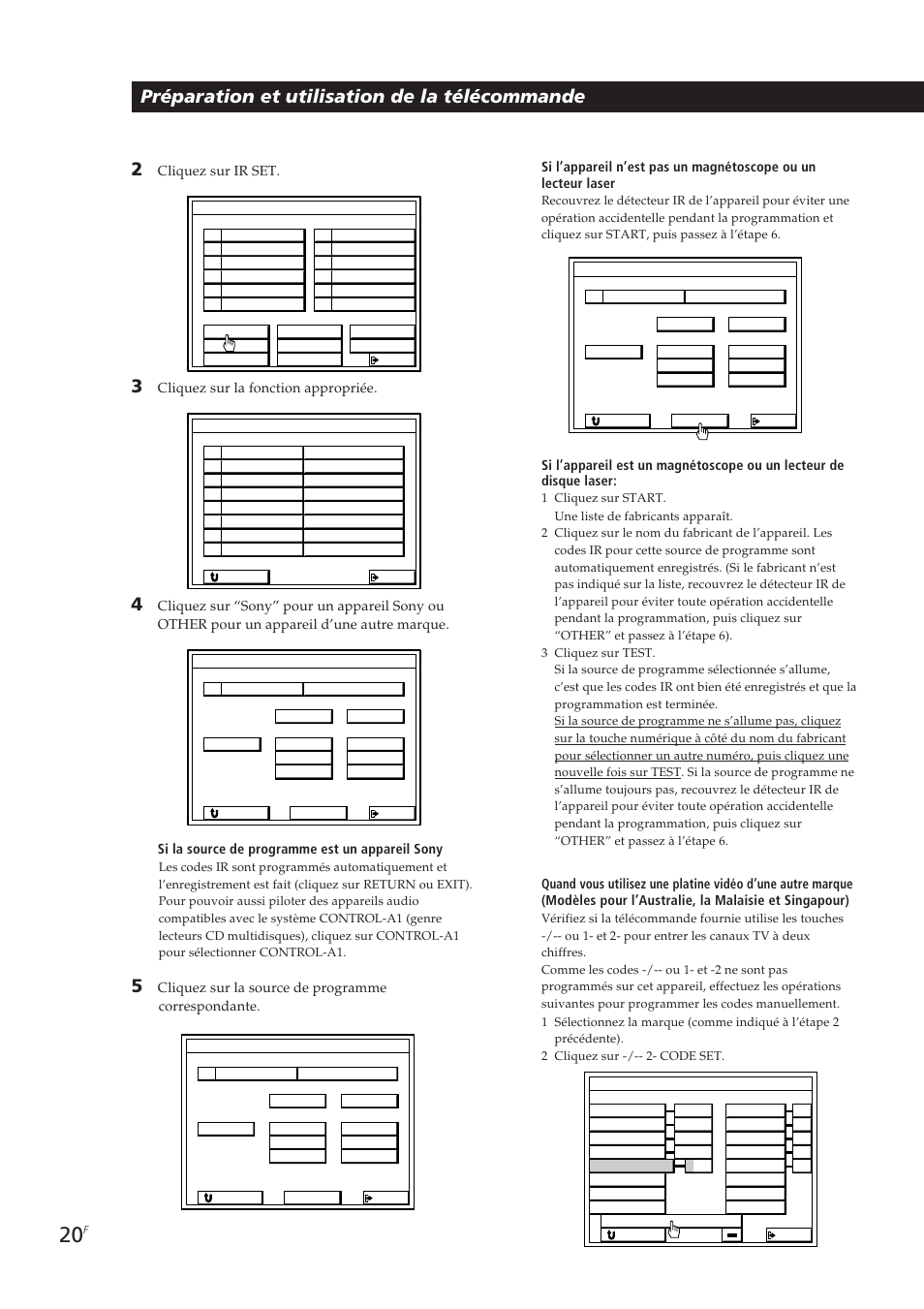 Préparation et utilisation de la télécommande 2, Cliquez sur ir set, Cliquez sur la fonction appropriée | Si la source de programme est un appareil sony | Sony STR-DE905G User Manual | Page 70 / 200