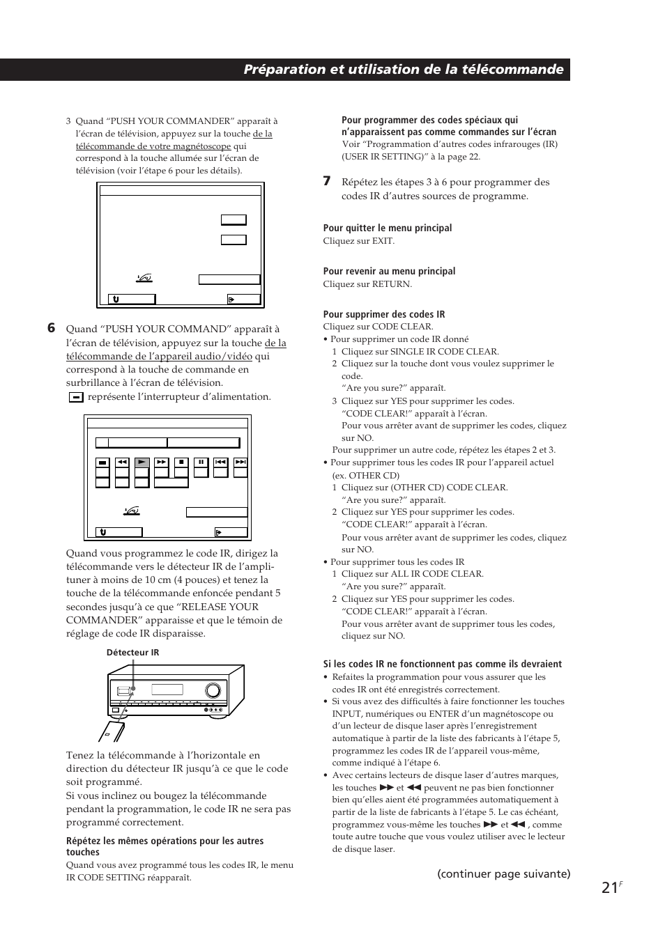 Préparation et utilisation de la télécommande, Continuer page suivante) | Sony STR-DE905G User Manual | Page 71 / 200