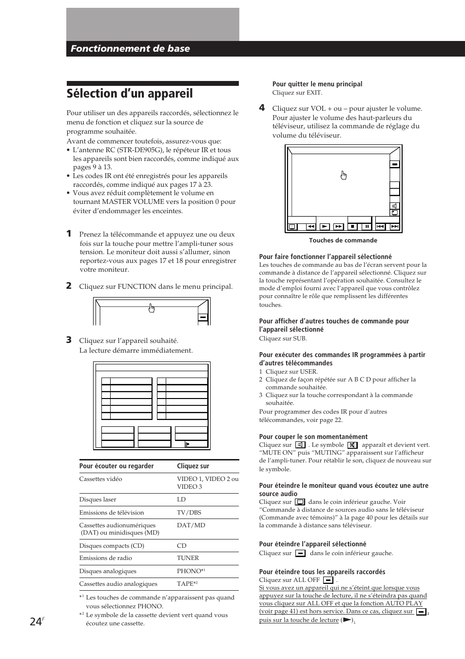 Sélection d’un appareil, Fonctionnement de base | Sony STR-DE905G User Manual | Page 74 / 200