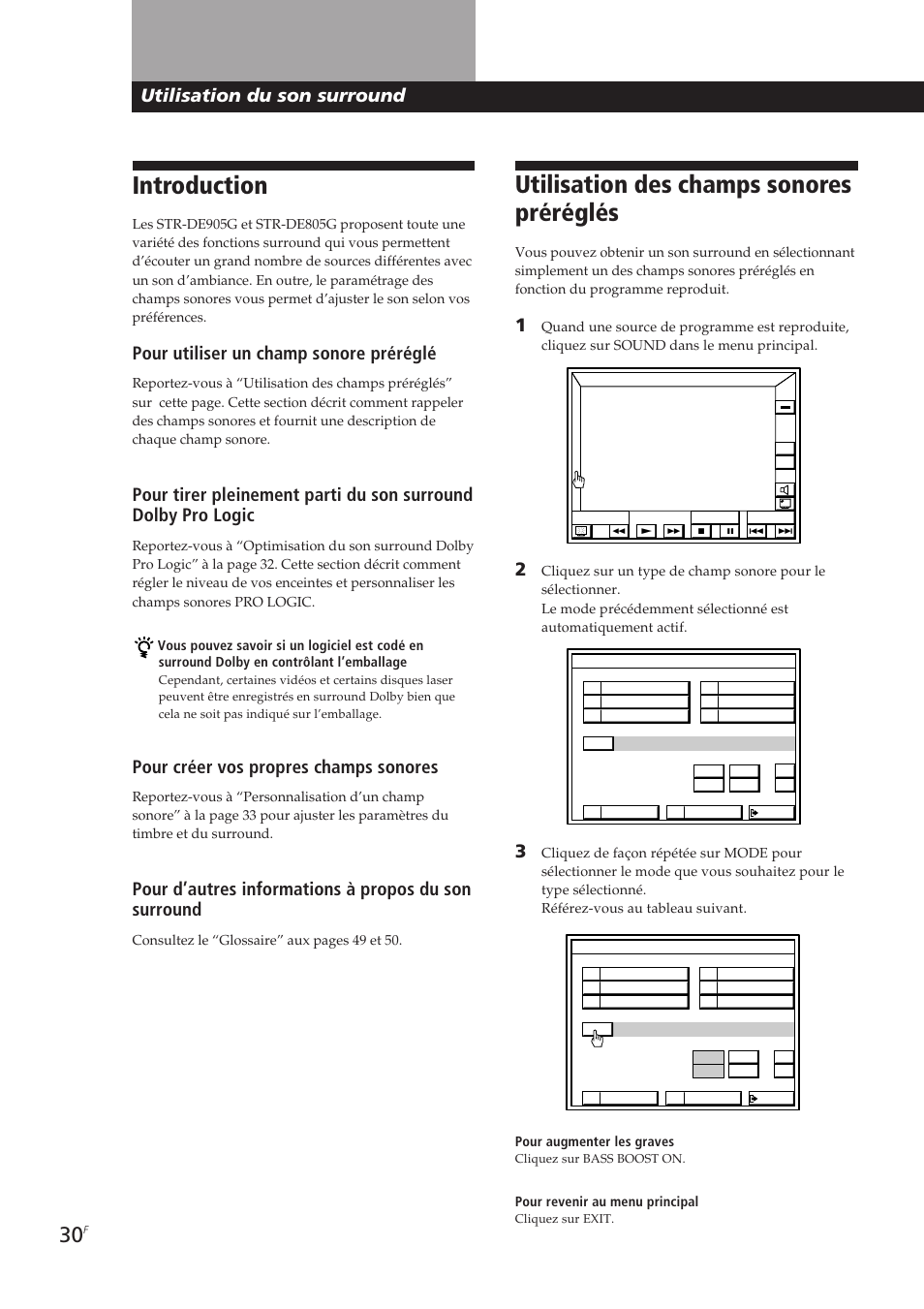 Introduction, Utilisation des champs sonores préréglés, Utilisation du son surround | Pour utiliser un champ sonore préréglé, Pour créer vos propres champs sonores | Sony STR-DE905G User Manual | Page 80 / 200