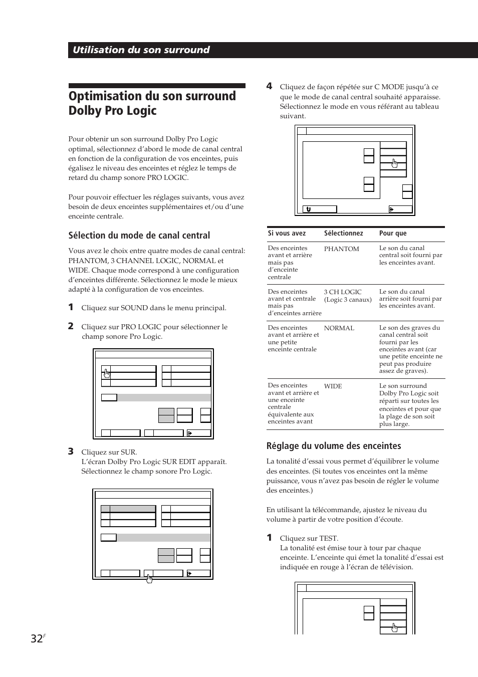 Optimisation du son surround dolby pro logic, Utilisation du son surround, Sélection du mode de canal central | Réglage du volume des enceintes | Sony STR-DE905G User Manual | Page 82 / 200