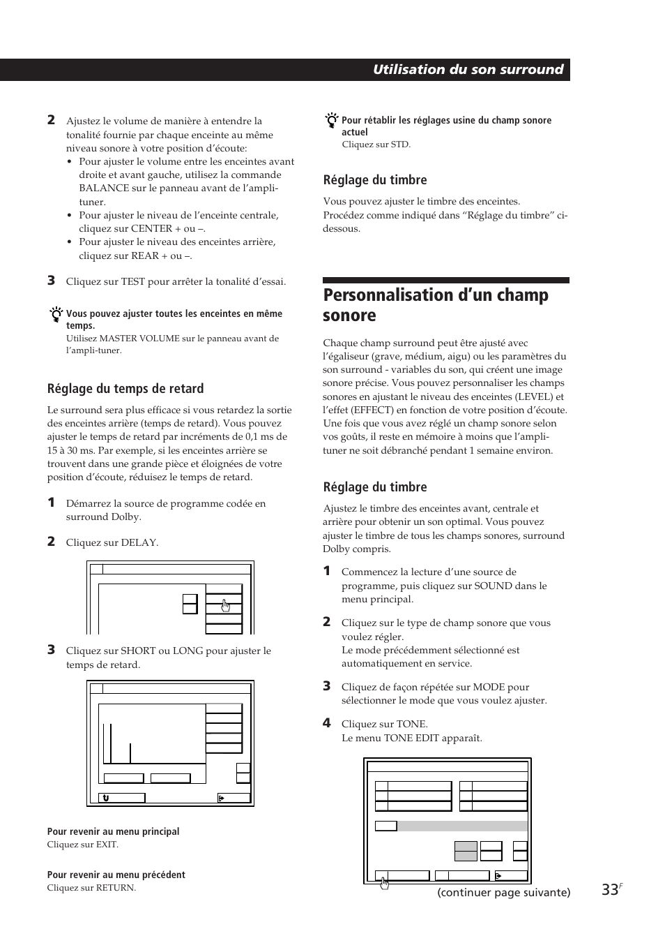 Personnalisation d’un champ sonore, Utilisation du son surround 2, Réglage du temps de retard | Réglage du timbre | Sony STR-DE905G User Manual | Page 83 / 200