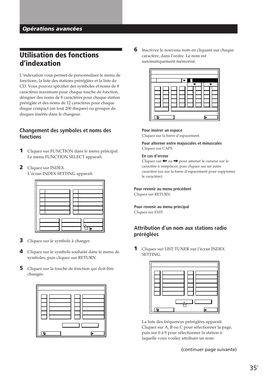 Utilisation des fonctions d’indexation, Opérations avancées, Changement des symboles et noms des fonctions 1 | Continuer page suivante) | Sony STR-DE905G User Manual | Page 85 / 200