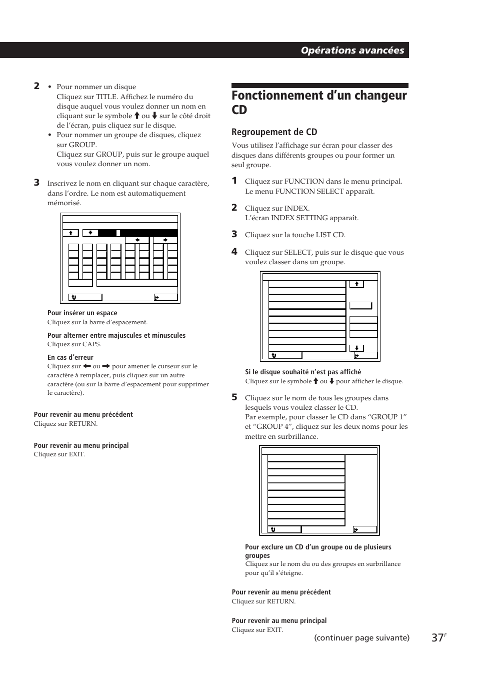 Fonctionnement d’un changeur cd, Opérations avancées 2, Regroupement de cd | Continuer page suivante) | Sony STR-DE905G User Manual | Page 87 / 200